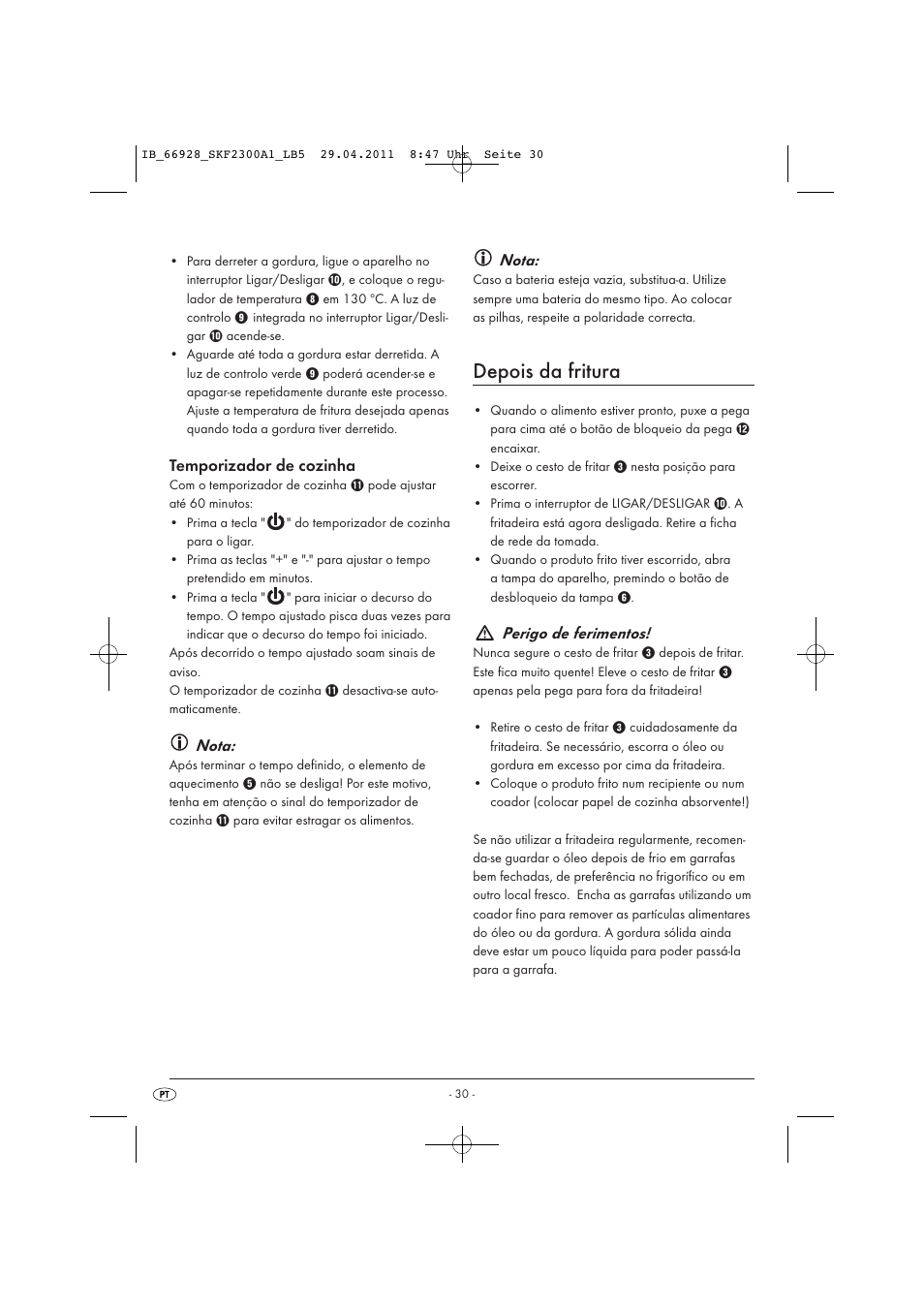 Depois da fritura, Temporizador de cozinha, Nota | Perigo de ferimentos | Silvercrest SKF 2300 A1 User Manual | Page 32 / 63