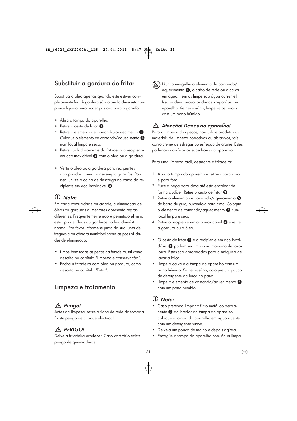 Substituir a gordura de fritar, Limpeza e tratamento, Nota | Perigo, Atenção! danos no aparelho | Silvercrest SKF 2300 A1 User Manual | Page 33 / 63