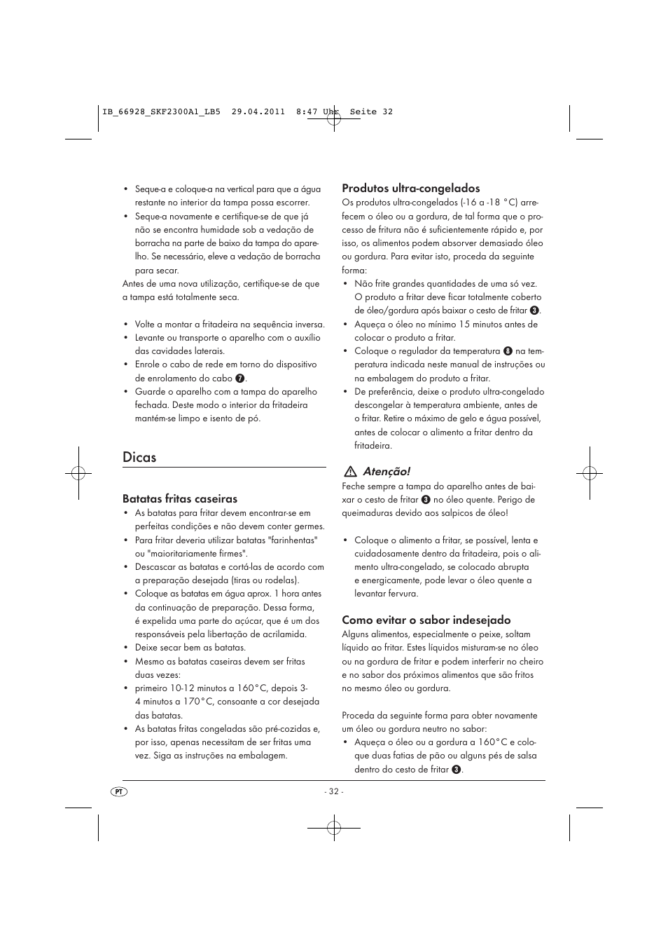 Dicas, Batatas fritas caseiras, Produtos ultra-congelados | Atenção, Como evitar o sabor indesejado | Silvercrest SKF 2300 A1 User Manual | Page 34 / 63