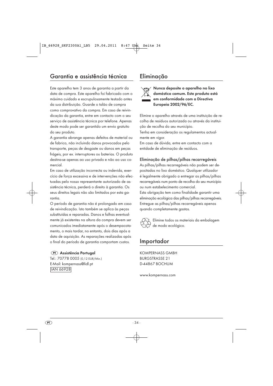 Garantia e assistência técnica, Eliminação, Importador | Silvercrest SKF 2300 A1 User Manual | Page 36 / 63