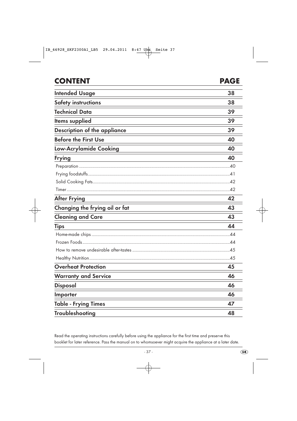 Content page | Silvercrest SKF 2300 A1 User Manual | Page 39 / 63
