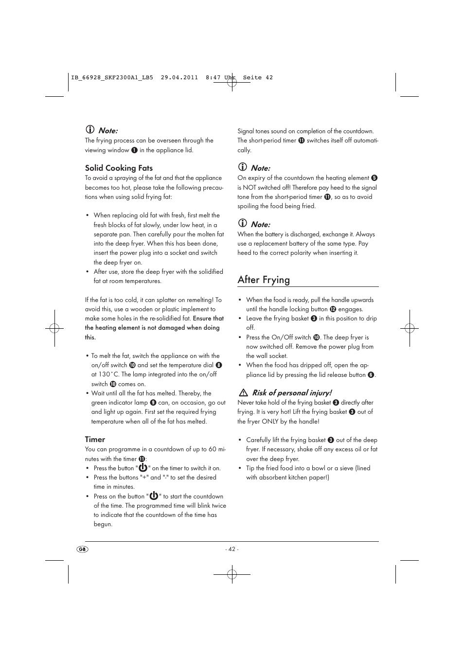After frying, Solid cooking fats, Timer | Risk of personal injury | Silvercrest SKF 2300 A1 User Manual | Page 44 / 63