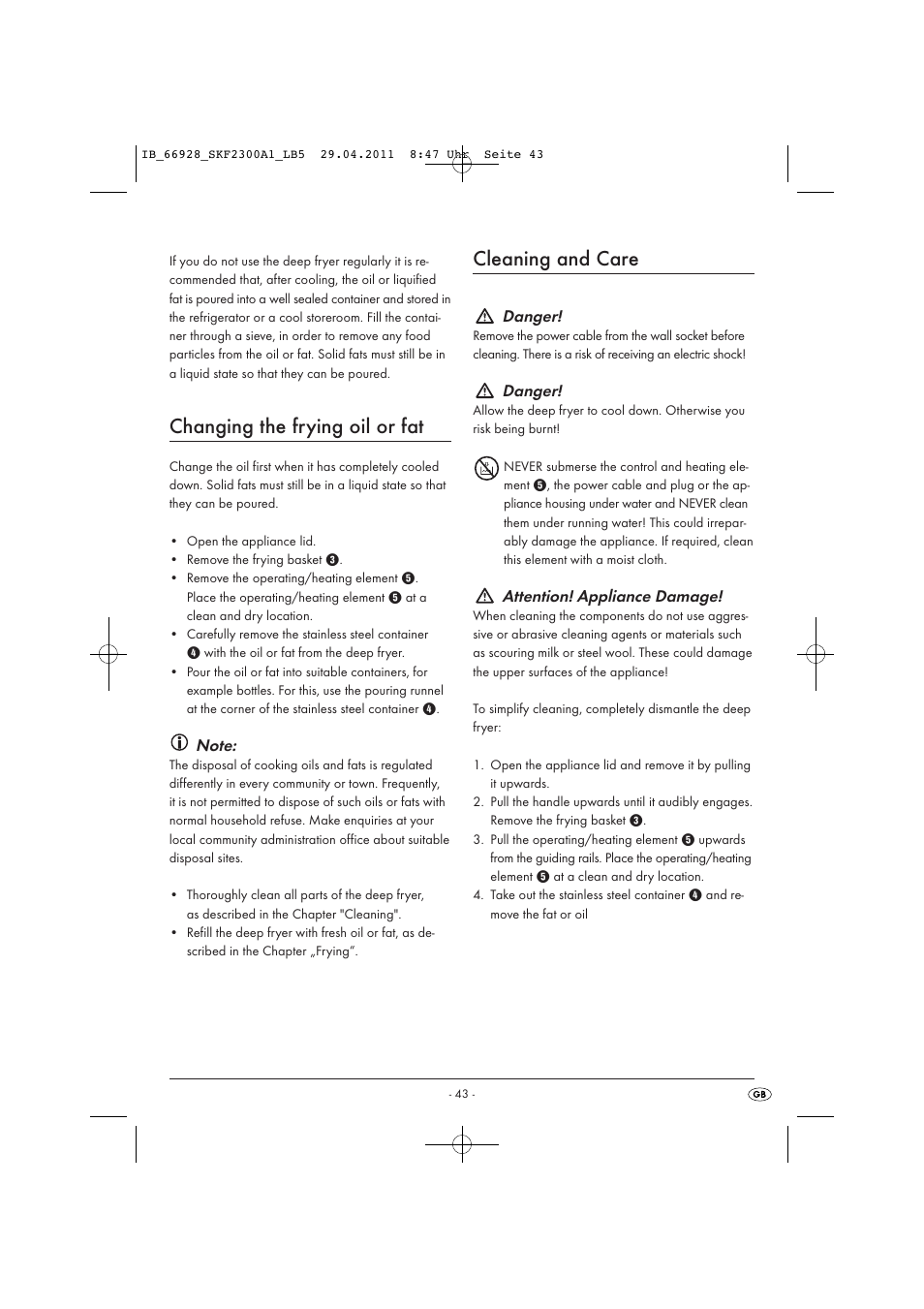 Changing the frying oil or fat, Cleaning and care, Danger | Attention! appliance damage | Silvercrest SKF 2300 A1 User Manual | Page 45 / 63