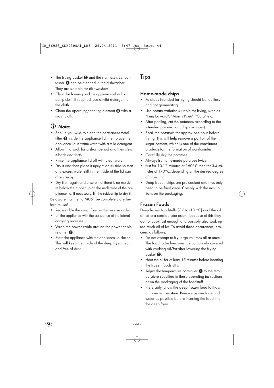 Tips, Home-made chips, Frozen foods | Silvercrest SKF 2300 A1 User Manual | Page 46 / 63