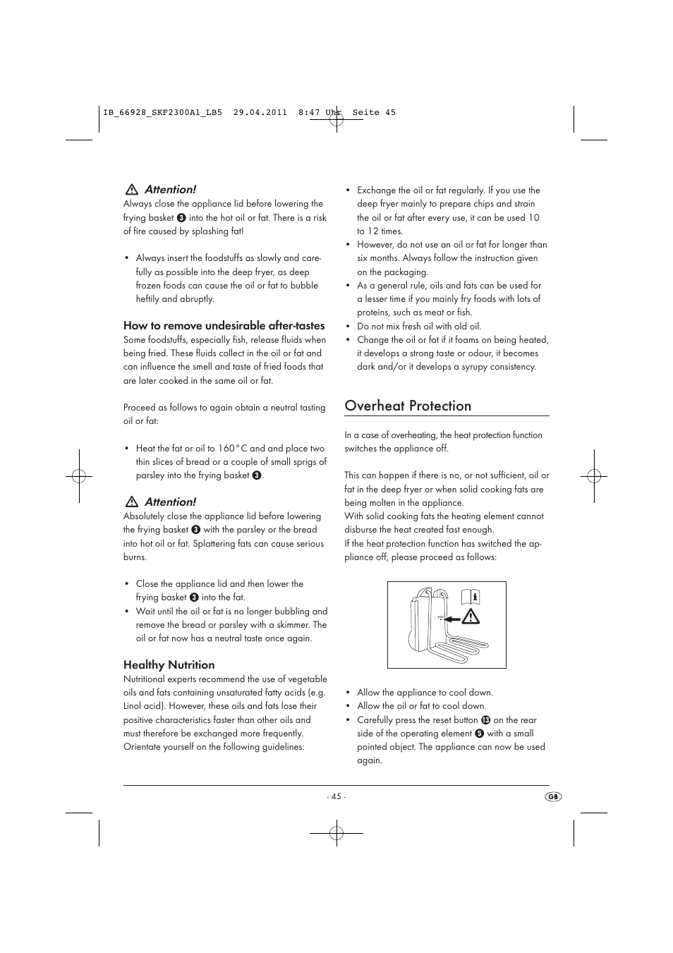 Overheat protection, Attention, How to remove undesirable after-tastes | Healthy nutrition | Silvercrest SKF 2300 A1 User Manual | Page 47 / 63