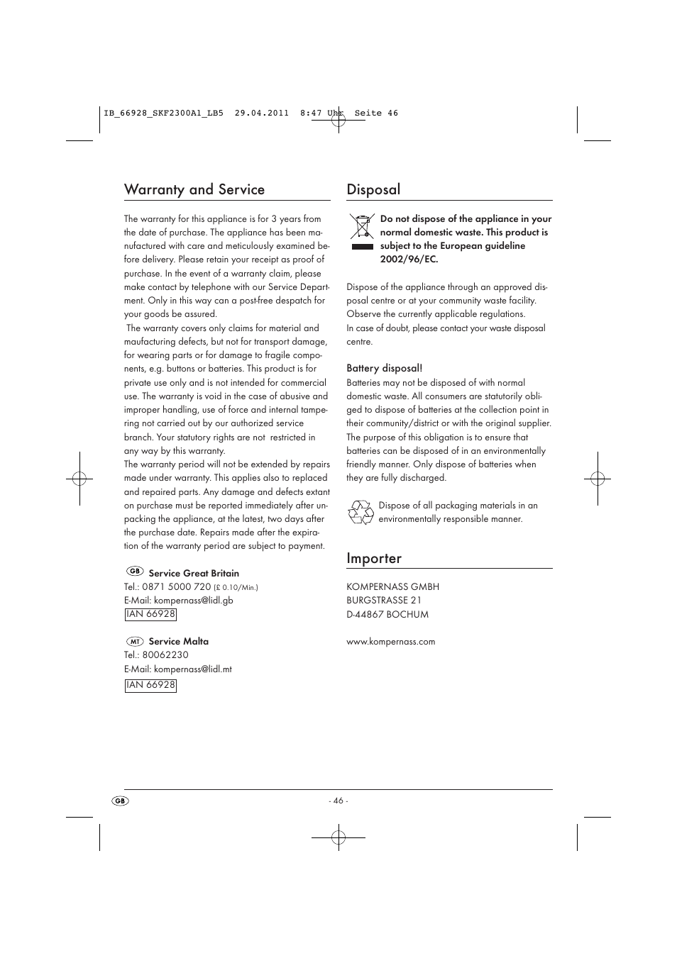 Warranty and service, Disposal, Importer | Silvercrest SKF 2300 A1 User Manual | Page 48 / 63