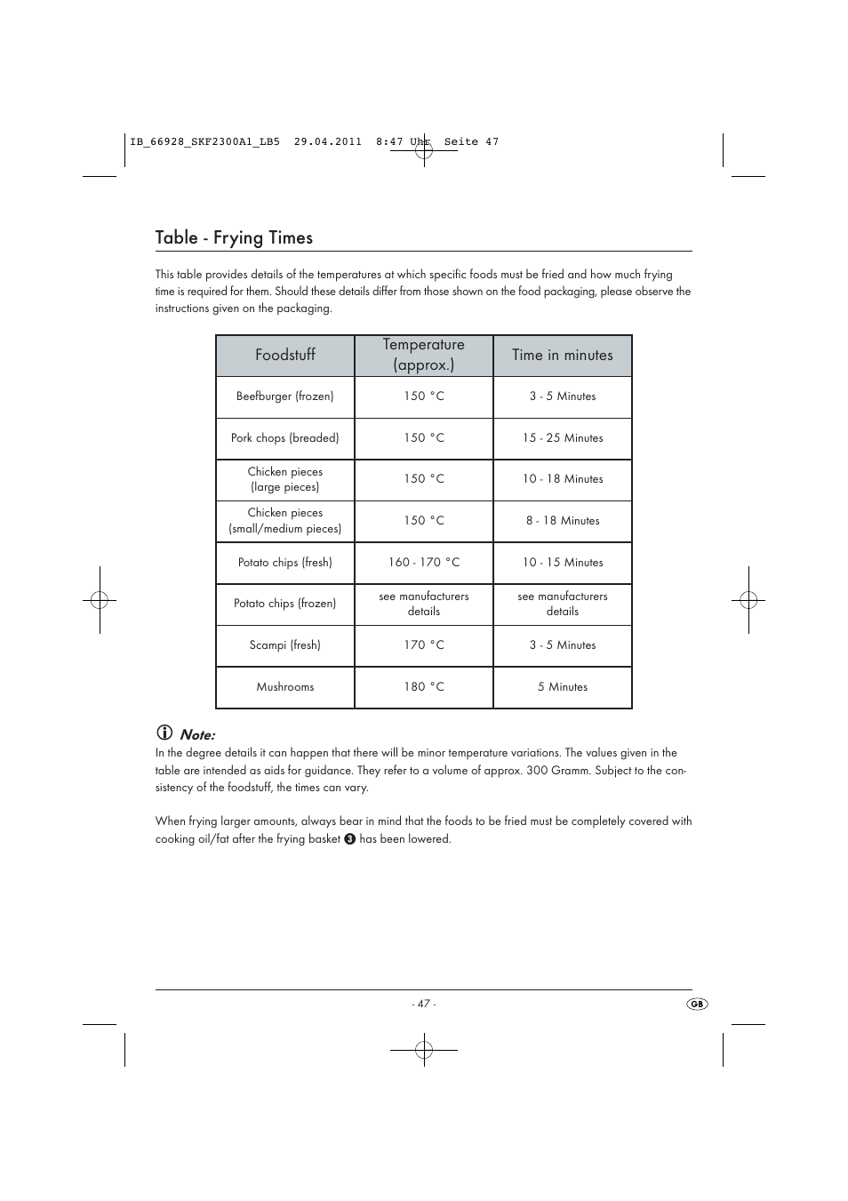 Table - frying times, Foodstuff temperature (approx.) time in minutes | Silvercrest SKF 2300 A1 User Manual | Page 49 / 63