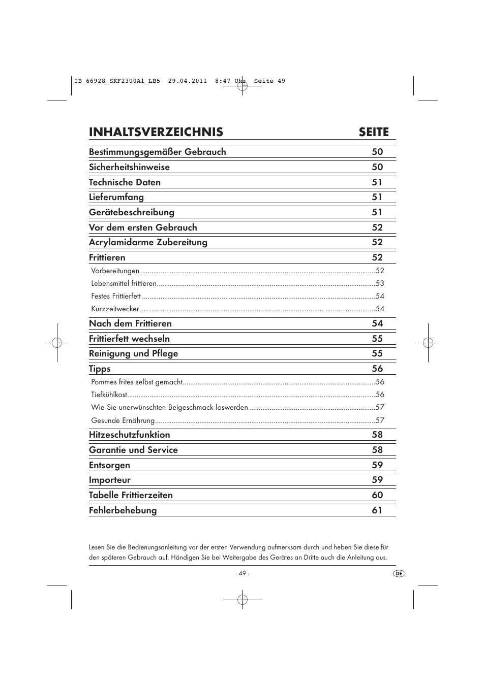 Inhaltsverzeichnis seite | Silvercrest SKF 2300 A1 User Manual | Page 51 / 63
