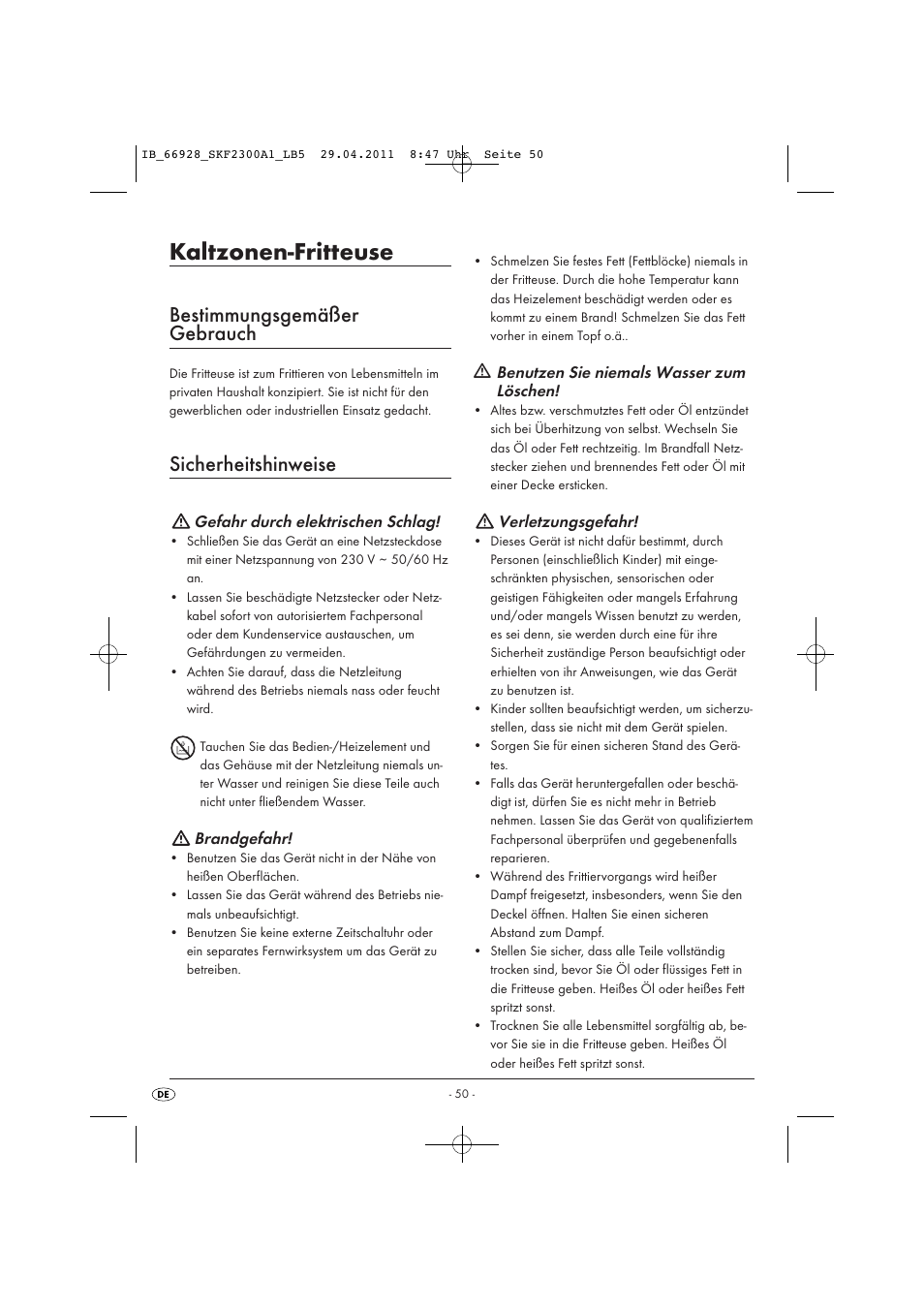Kaltzonen-fritteuse, Bestimmungsgemäßer gebrauch, Sicherheitshinweise | Silvercrest SKF 2300 A1 User Manual | Page 52 / 63