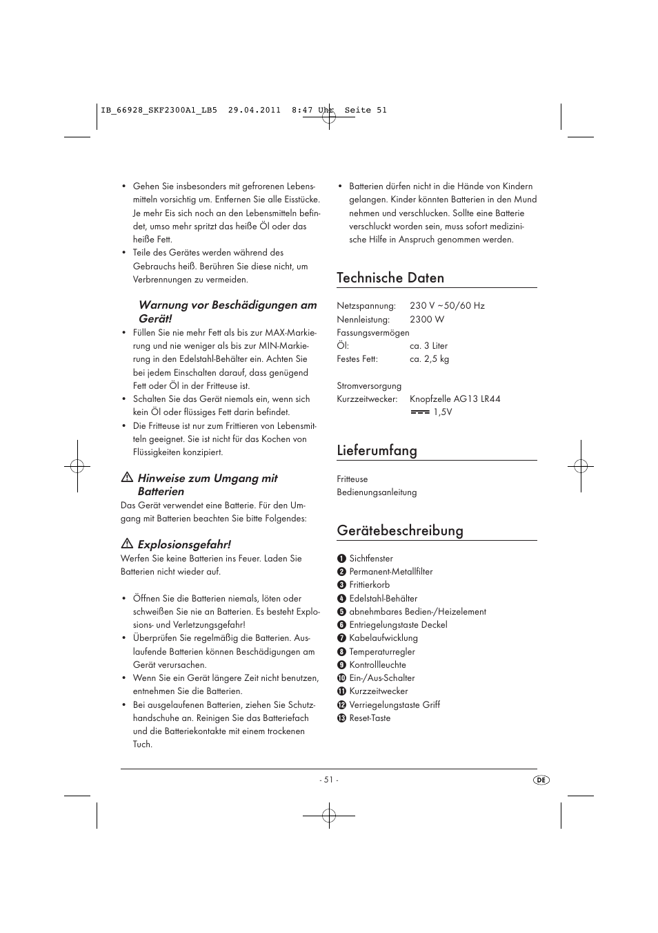 Technische daten, Lieferumfang, Gerätebeschreibung | Warnung vor beschädigungen am gerät, Hinweise zum umgang mit batterien, Explosionsgefahr | Silvercrest SKF 2300 A1 User Manual | Page 53 / 63