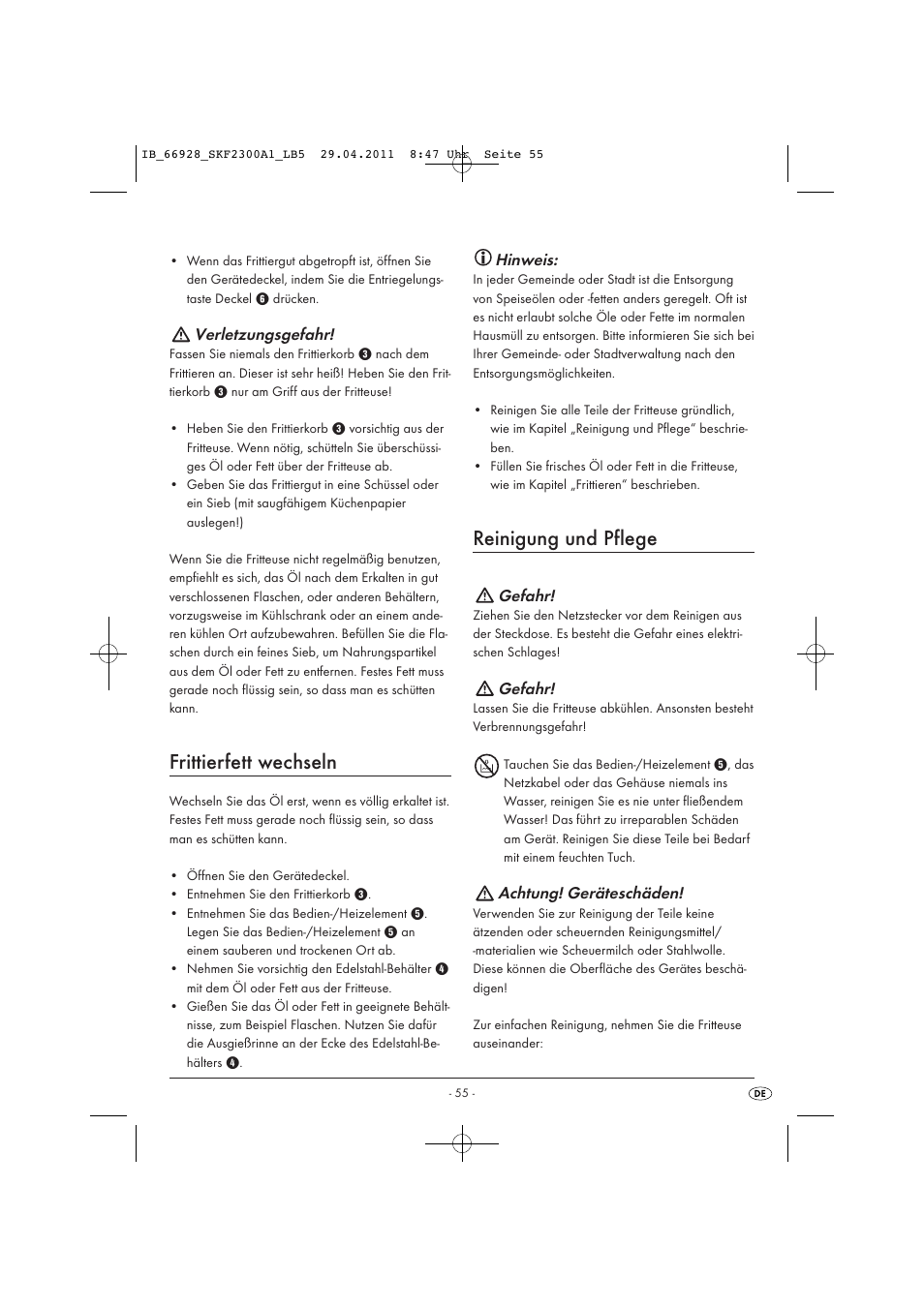 Frittierfett wechseln, Reinigung und pflege, Verletzungsgefahr | Hinweis, Gefahr, Achtung! geräteschäden | Silvercrest SKF 2300 A1 User Manual | Page 57 / 63