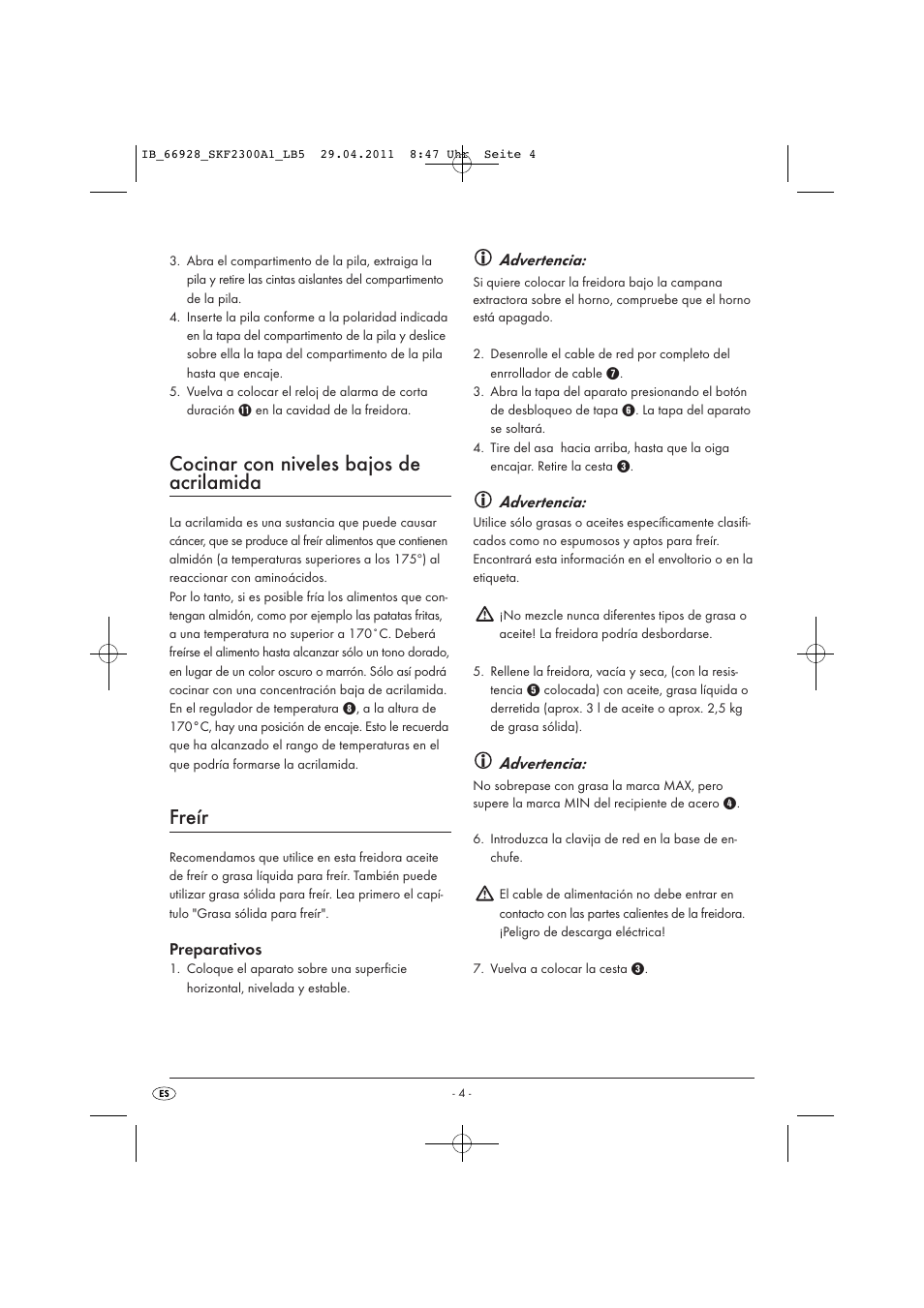 Cocinar con niveles bajos de acrilamida, Freír, Preparativos | Advertencia | Silvercrest SKF 2300 A1 User Manual | Page 6 / 63