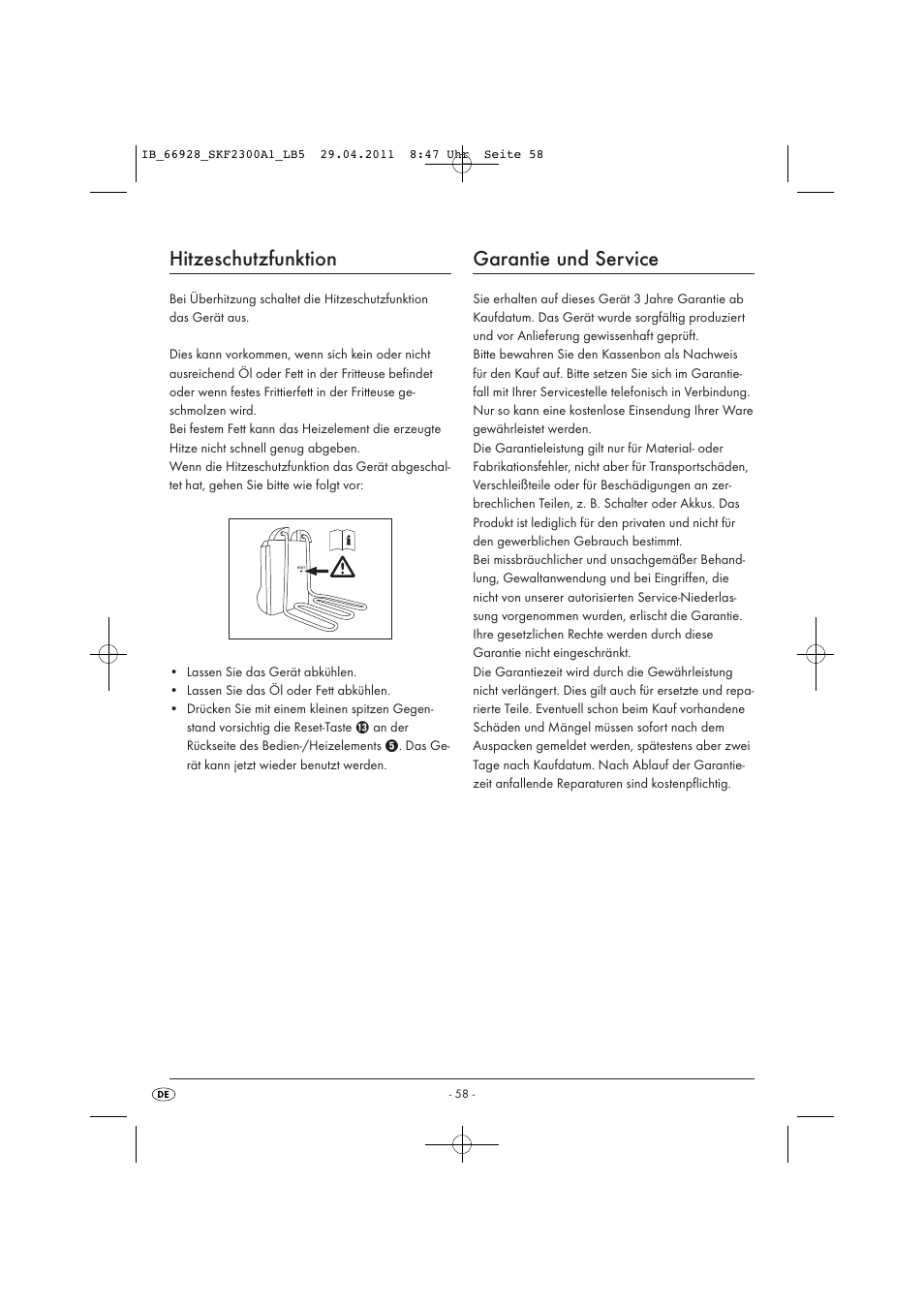 Hitzeschutzfunktion, Garantie und service | Silvercrest SKF 2300 A1 User Manual | Page 60 / 63