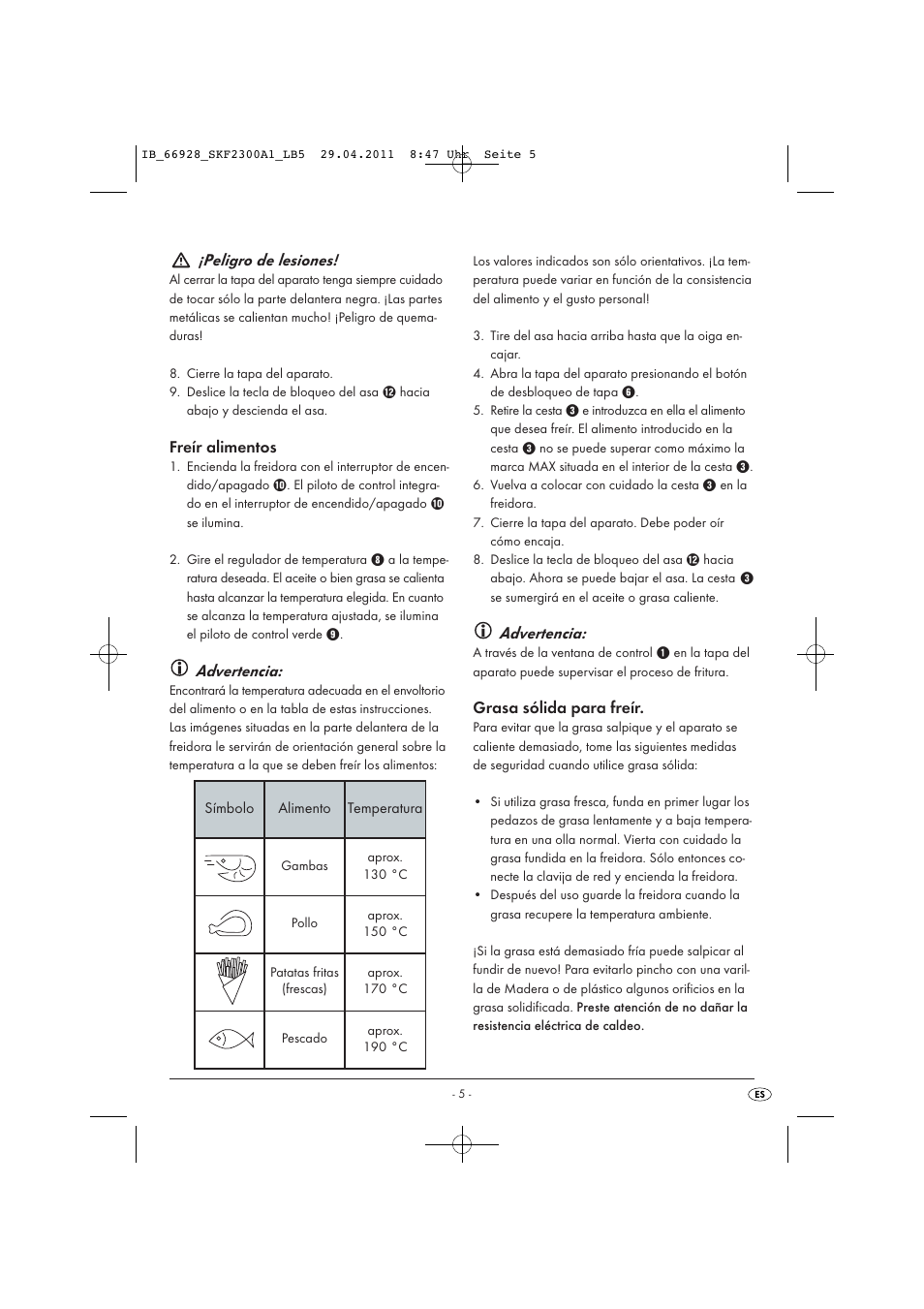 Peligro de lesiones, Freír alimentos, Advertencia | Grasa sólida para freír | Silvercrest SKF 2300 A1 User Manual | Page 7 / 63