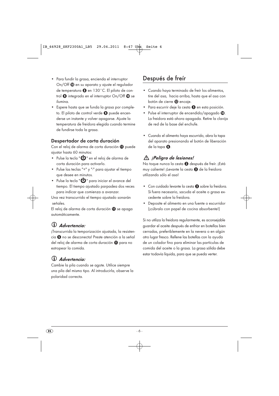 Después de freír, Despertador de corta duración, Advertencia | Peligro de lesiones | Silvercrest SKF 2300 A1 User Manual | Page 8 / 63