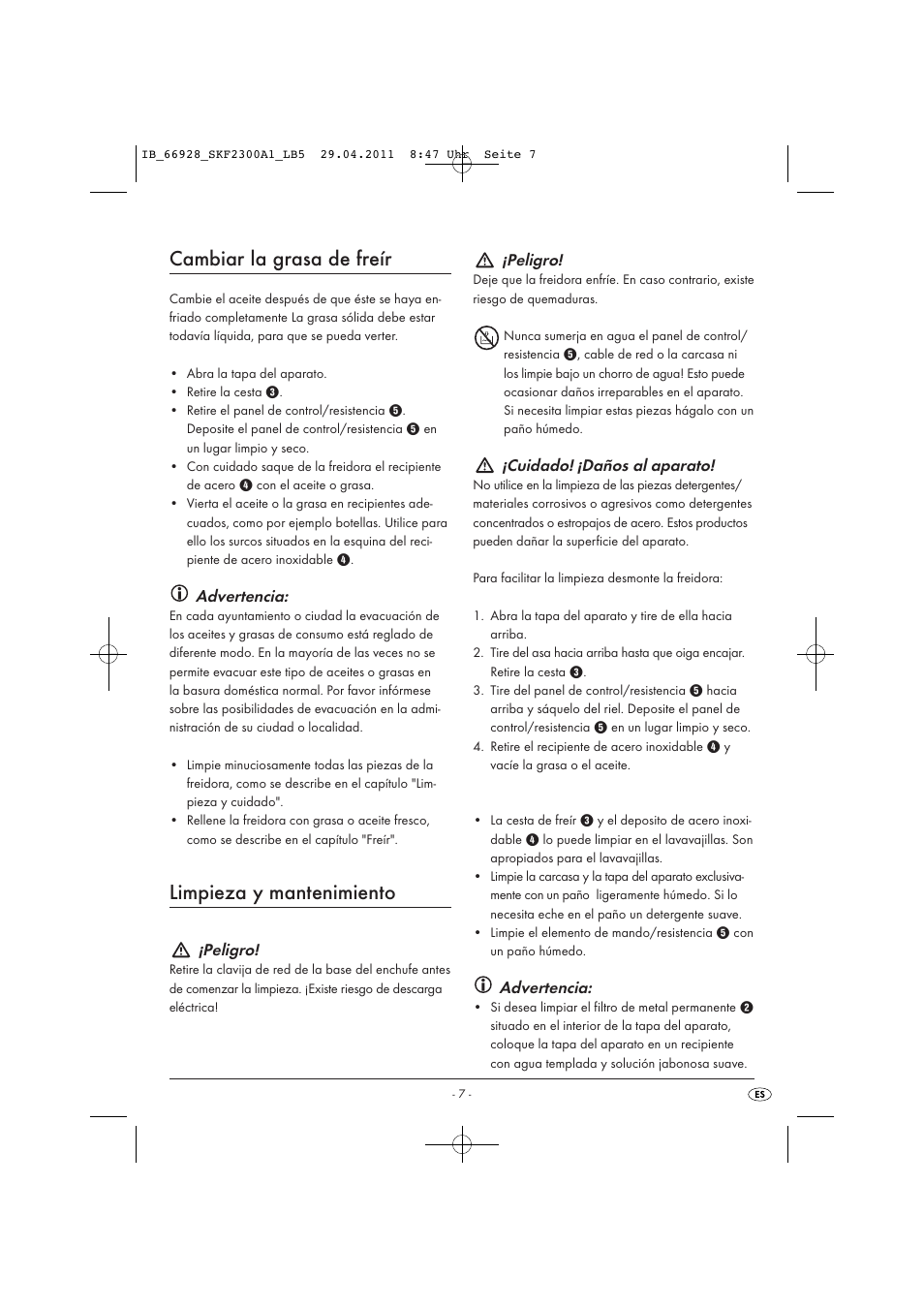 Cambiar la grasa de freír, Limpieza y mantenimiento, Advertencia | Peligro, Cuidado! ¡daños al aparato | Silvercrest SKF 2300 A1 User Manual | Page 9 / 63