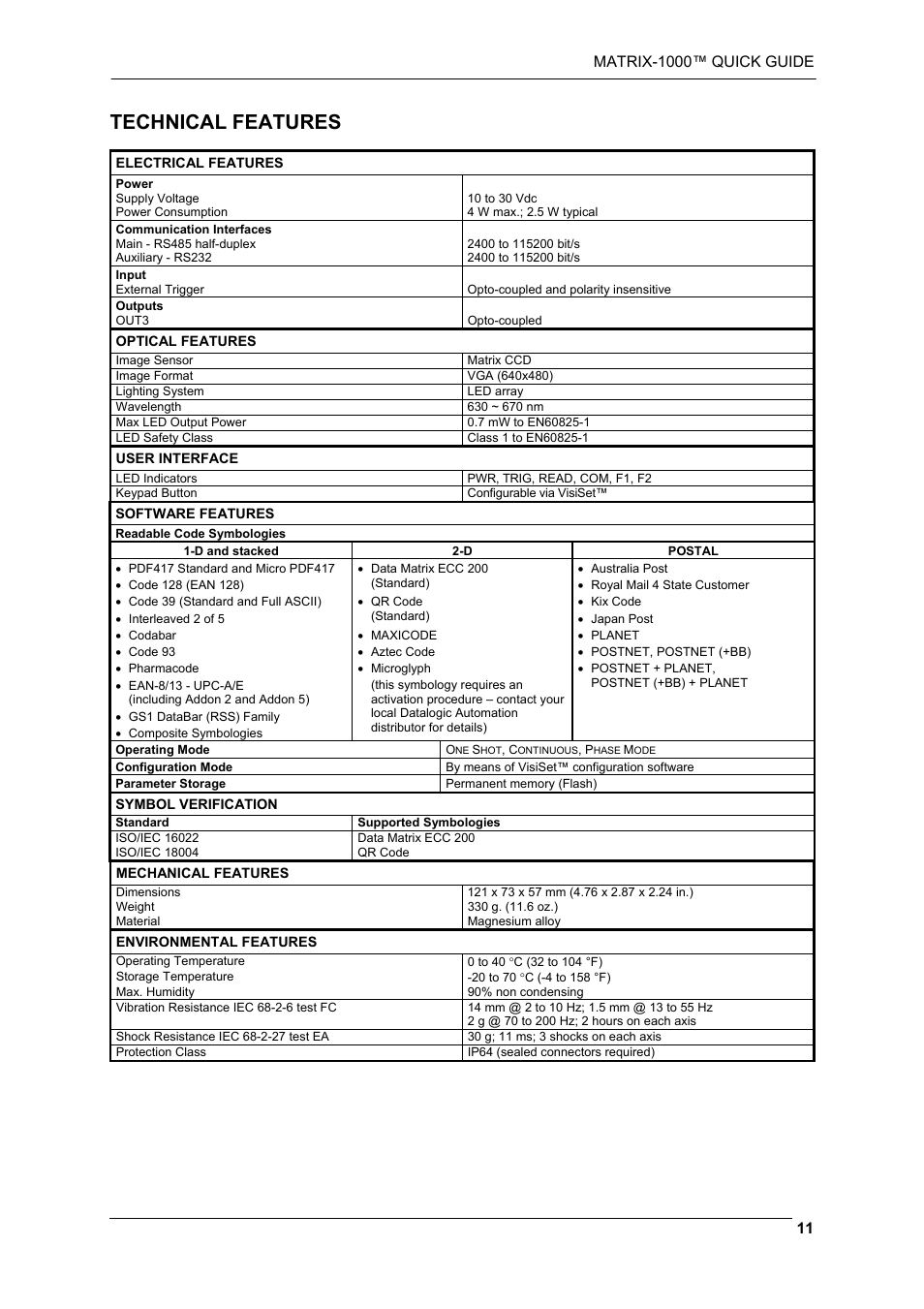 Technical features | Datalogic Scanning Reader Matrix-1000 User Manual | Page 11 / 14