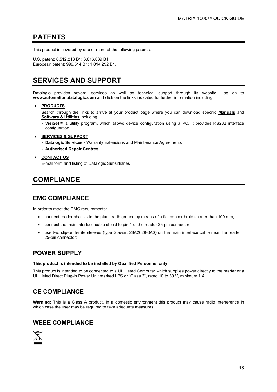 Patents, Services and support, Compliance | Emc compliance, Power supply, Ce compliance, Weee compliance | Datalogic Scanning Reader Matrix-1000 User Manual | Page 13 / 14