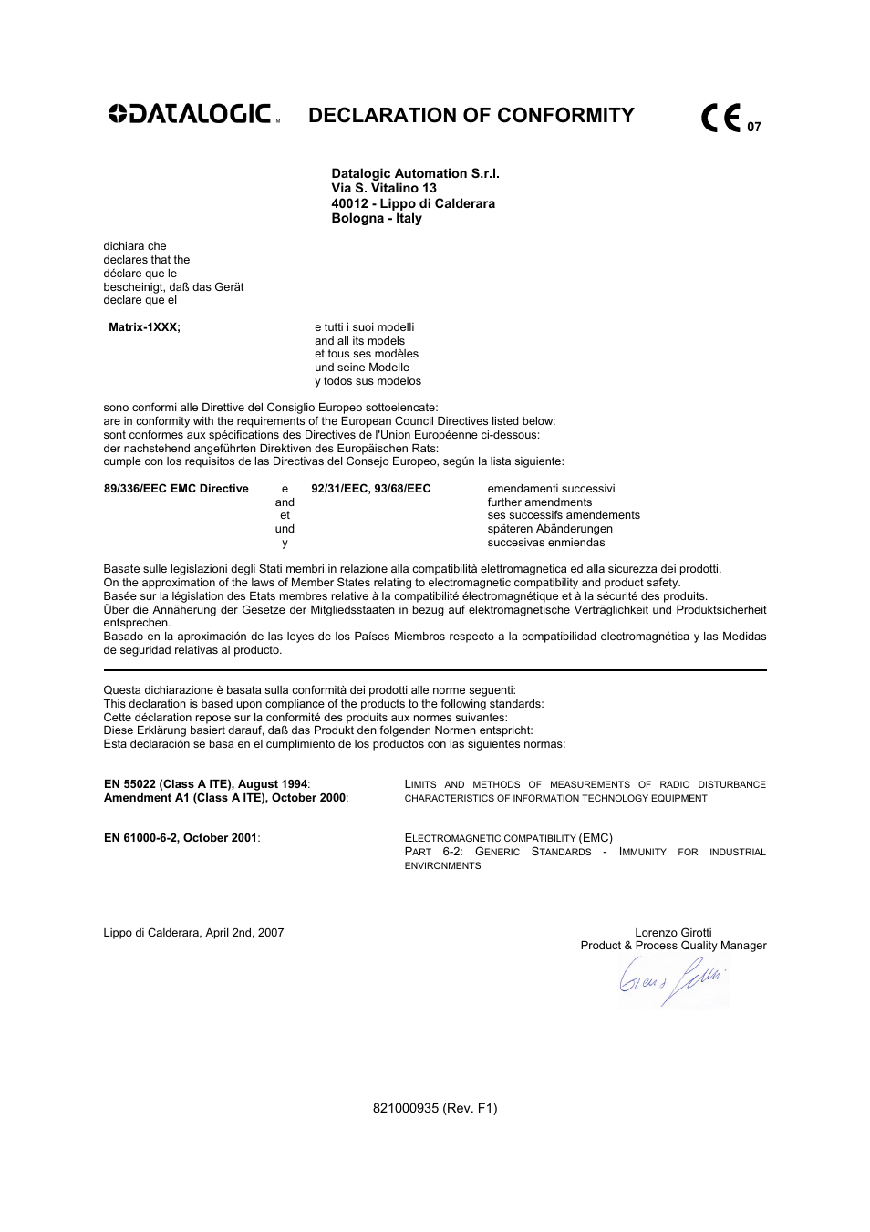 Declaration of conformity | Datalogic Scanning Reader Matrix-1000 User Manual | Page 14 / 14