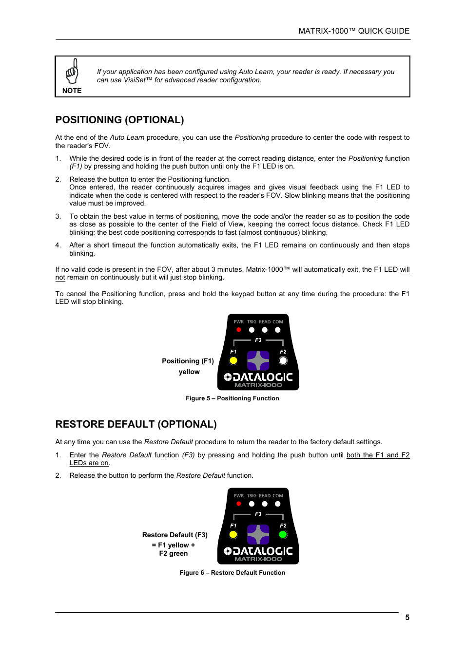 Positioning (optional), Restore default (optional) | Datalogic Scanning Reader Matrix-1000 User Manual | Page 5 / 14