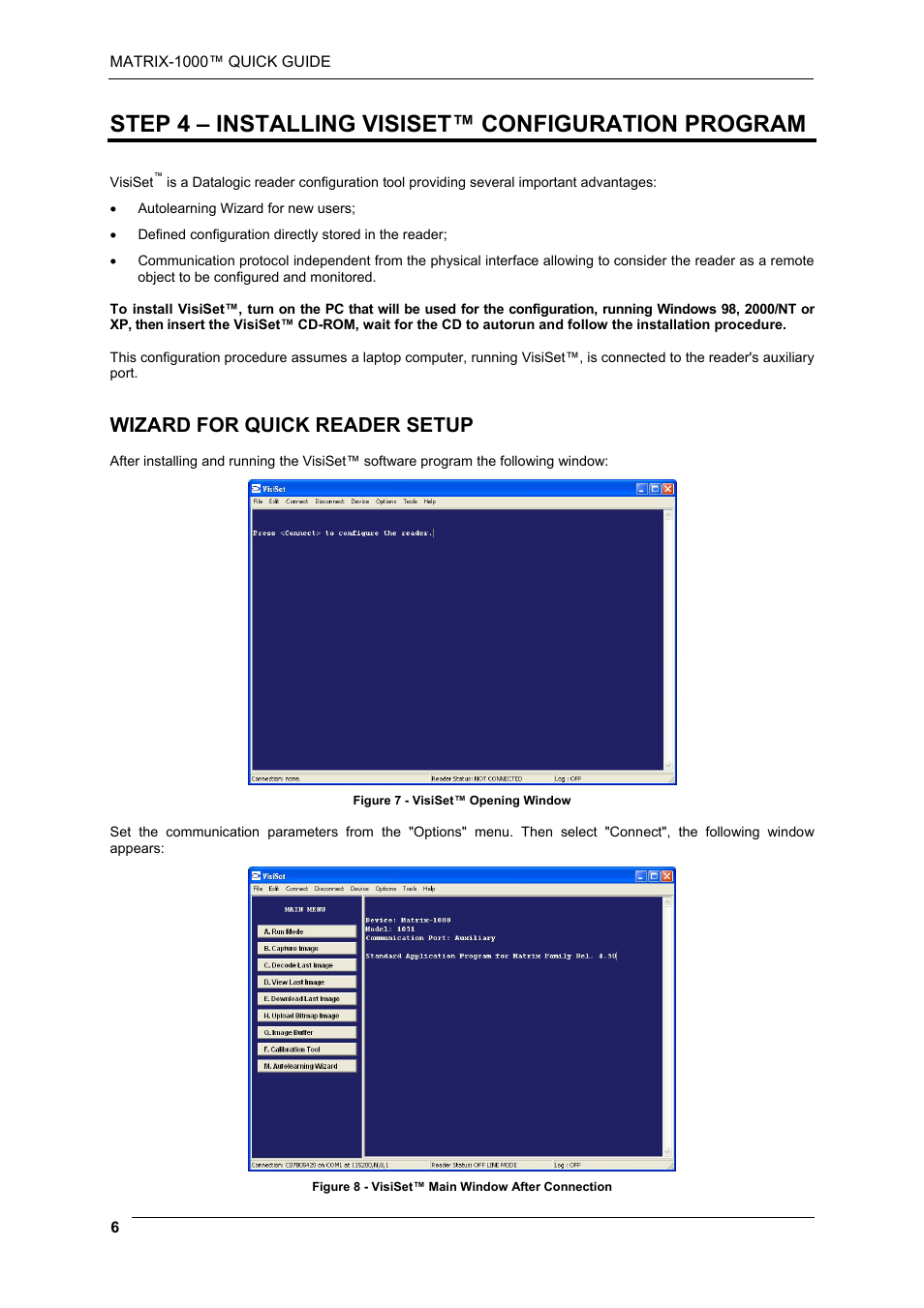 Step 4 – installing visiset™ configuration program, Wizard for quick reader setup | Datalogic Scanning Reader Matrix-1000 User Manual | Page 6 / 14