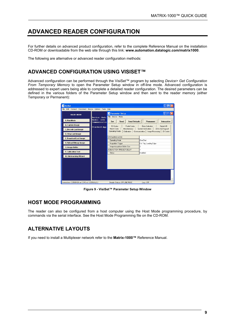 Advanced reader configuration, Advanced configuration using visiset, Host mode programming | Alternative layouts | Datalogic Scanning Reader Matrix-1000 User Manual | Page 9 / 14