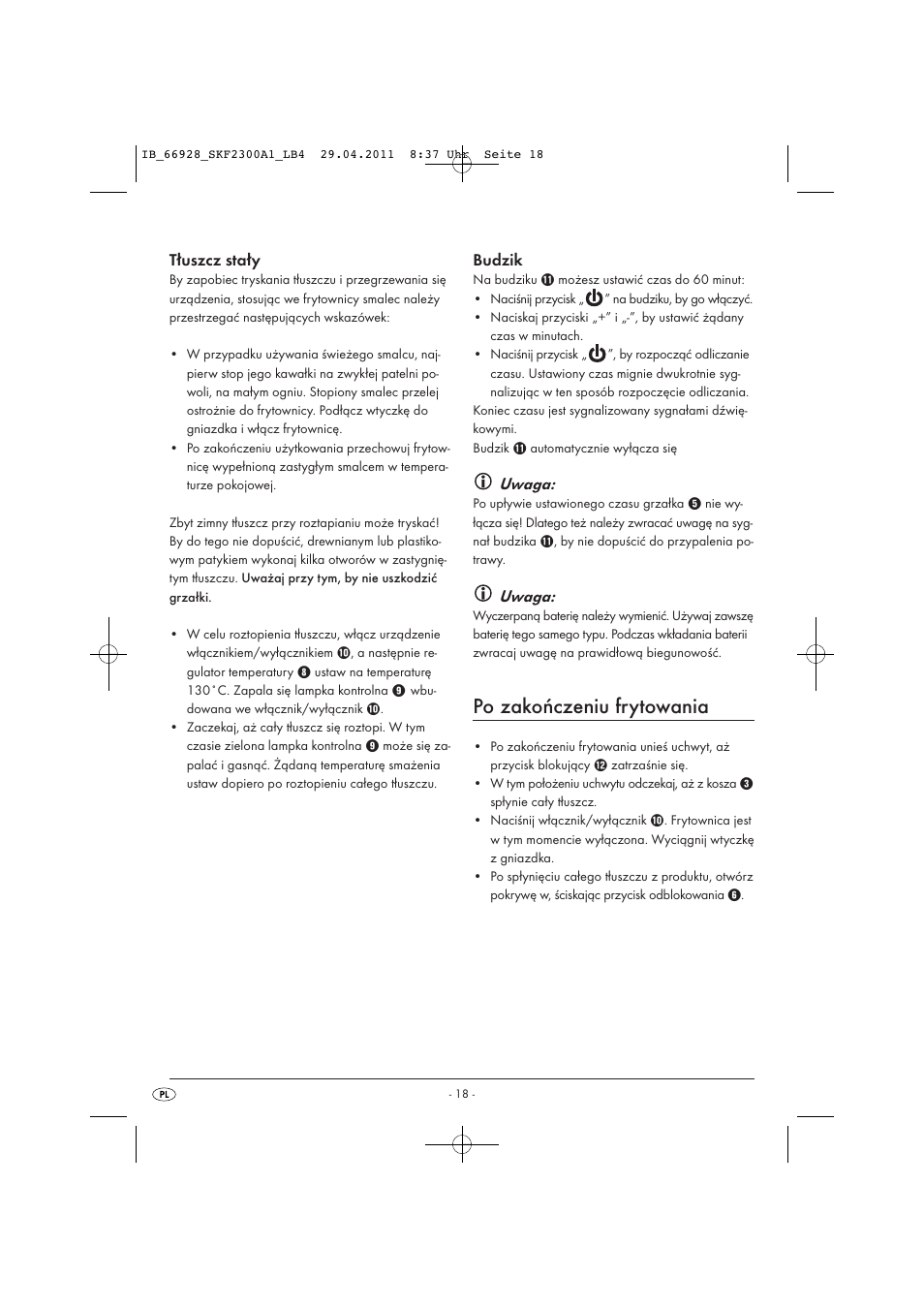 Po zakończeniu frytowania, Tłuszcz stały, Budzik | Uwaga | Silvercrest SKF 2300 A1 User Manual | Page 20 / 91