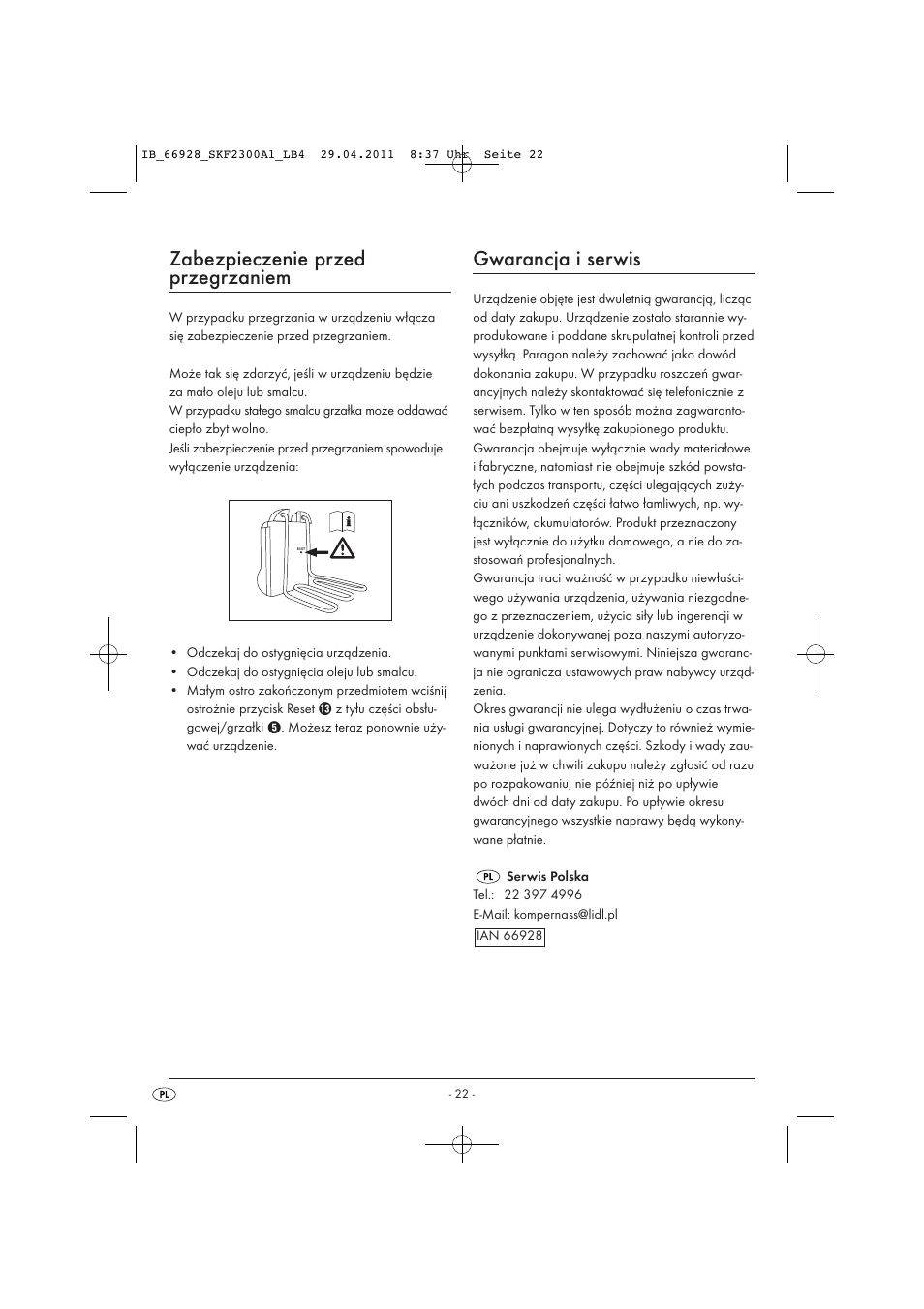 Zabezpieczenie przed przegrzaniem, Gwarancja i serwis | Silvercrest SKF 2300 A1 User Manual | Page 24 / 91