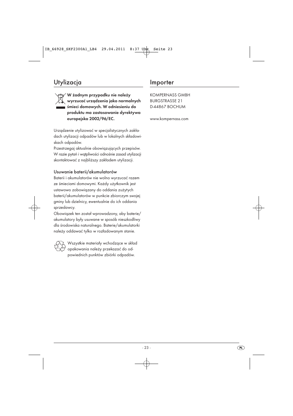 Utylizacja, Importer | Silvercrest SKF 2300 A1 User Manual | Page 25 / 91