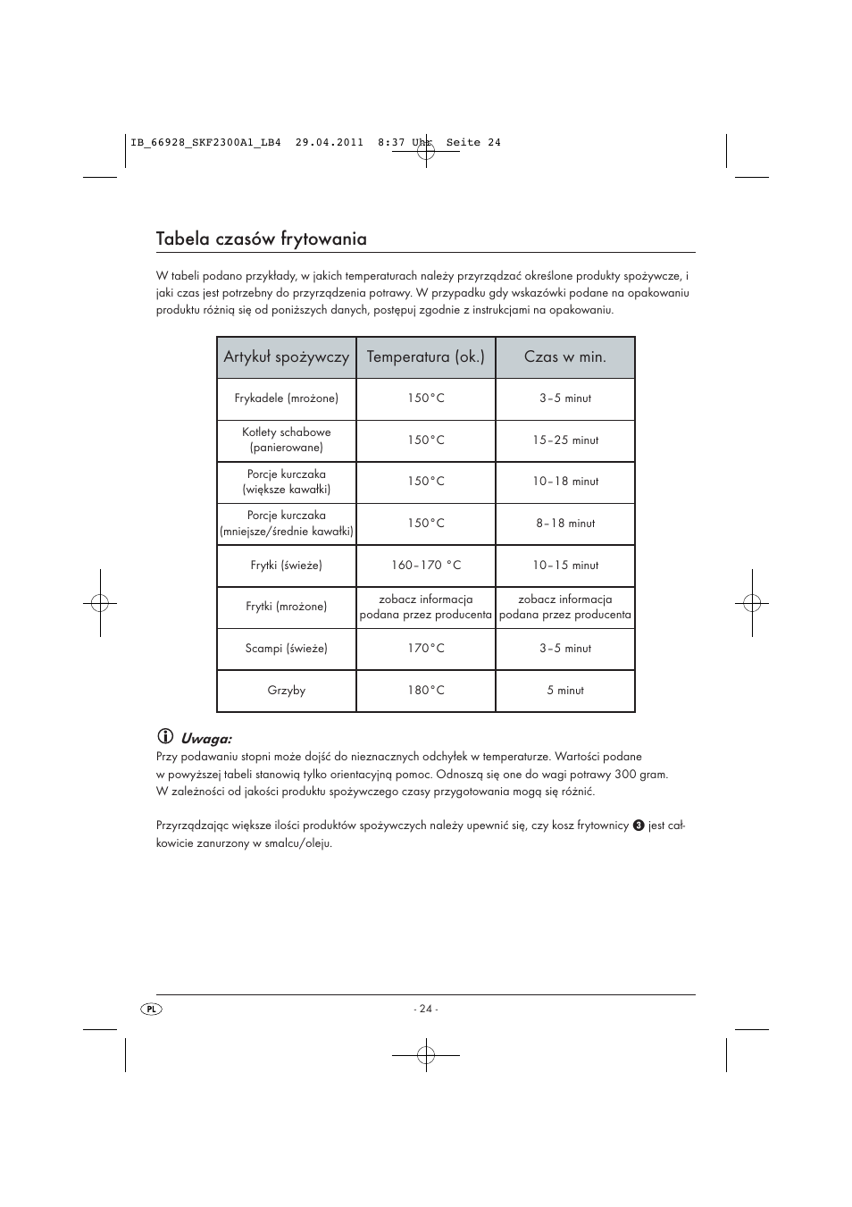 Tabela czasów frytowania, Artykuł spożywczy temperatura (ok.) czas w min, Uwaga | Silvercrest SKF 2300 A1 User Manual | Page 26 / 91