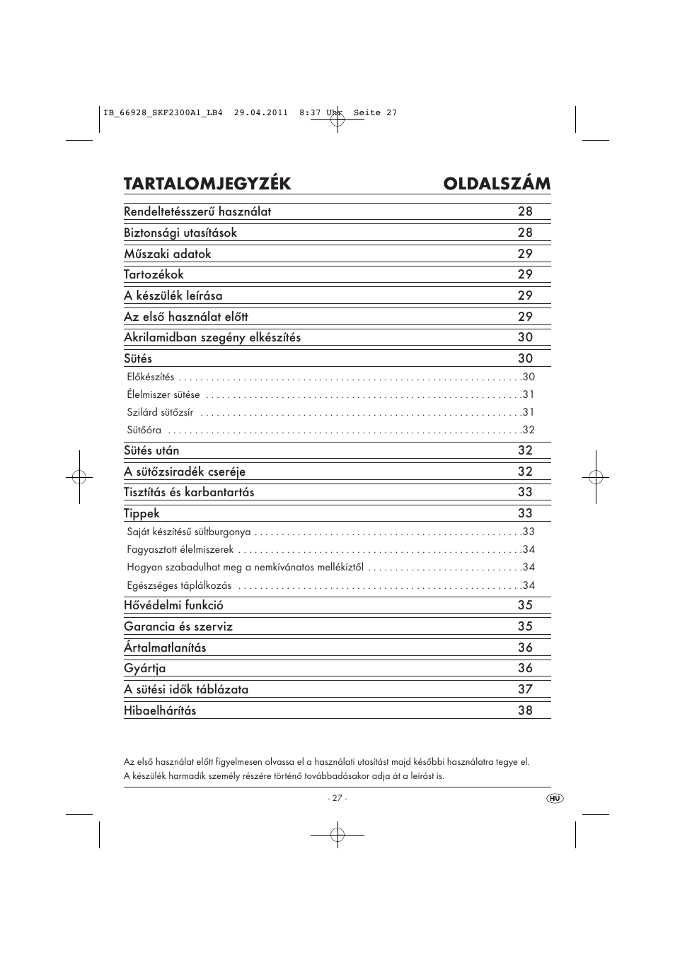 Tartalomjegyzék oldalszám | Silvercrest SKF 2300 A1 User Manual | Page 29 / 91