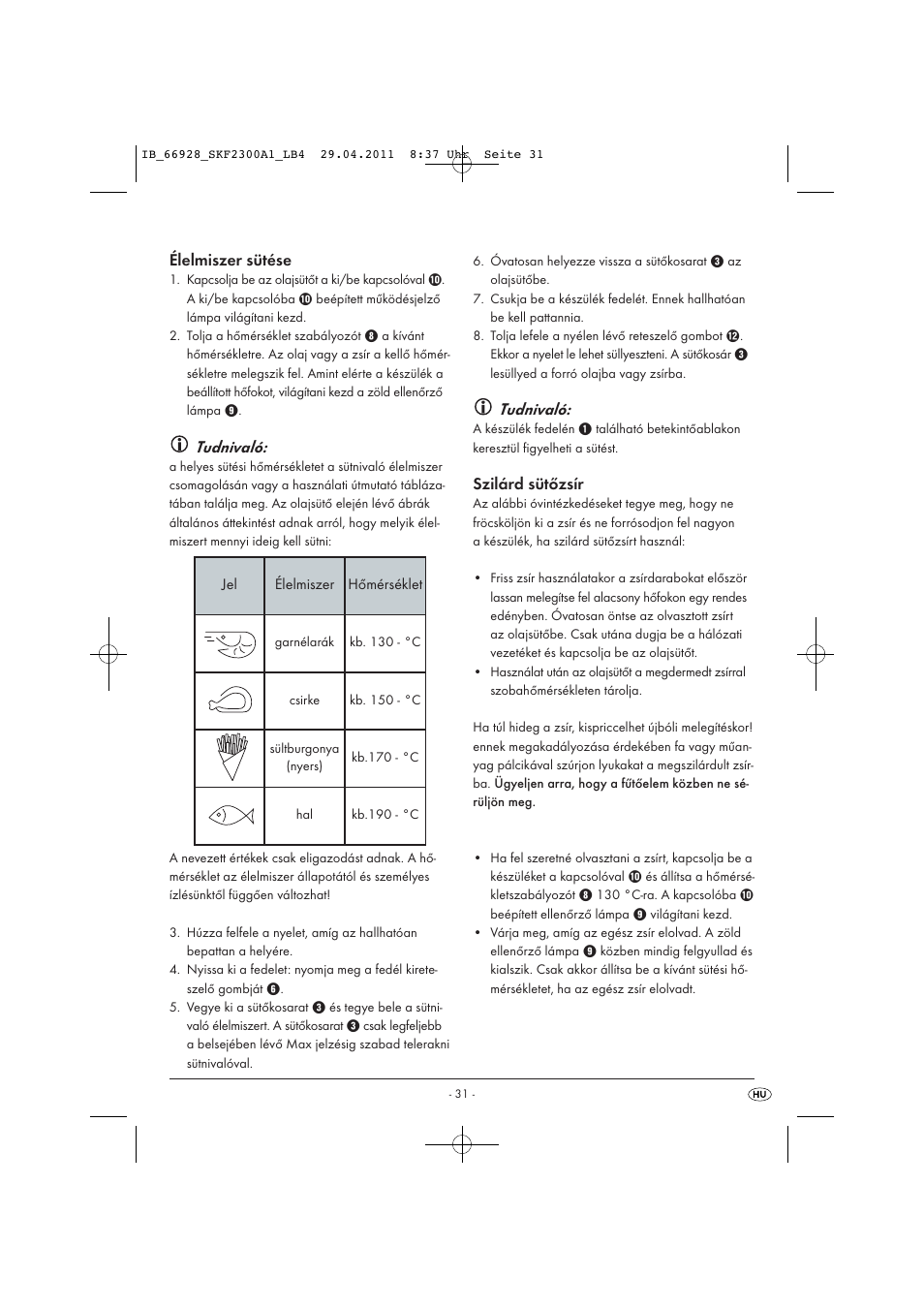 Élelmiszer sütése, Tudnivaló, Szilárd sütőzsír | Silvercrest SKF 2300 A1 User Manual | Page 33 / 91