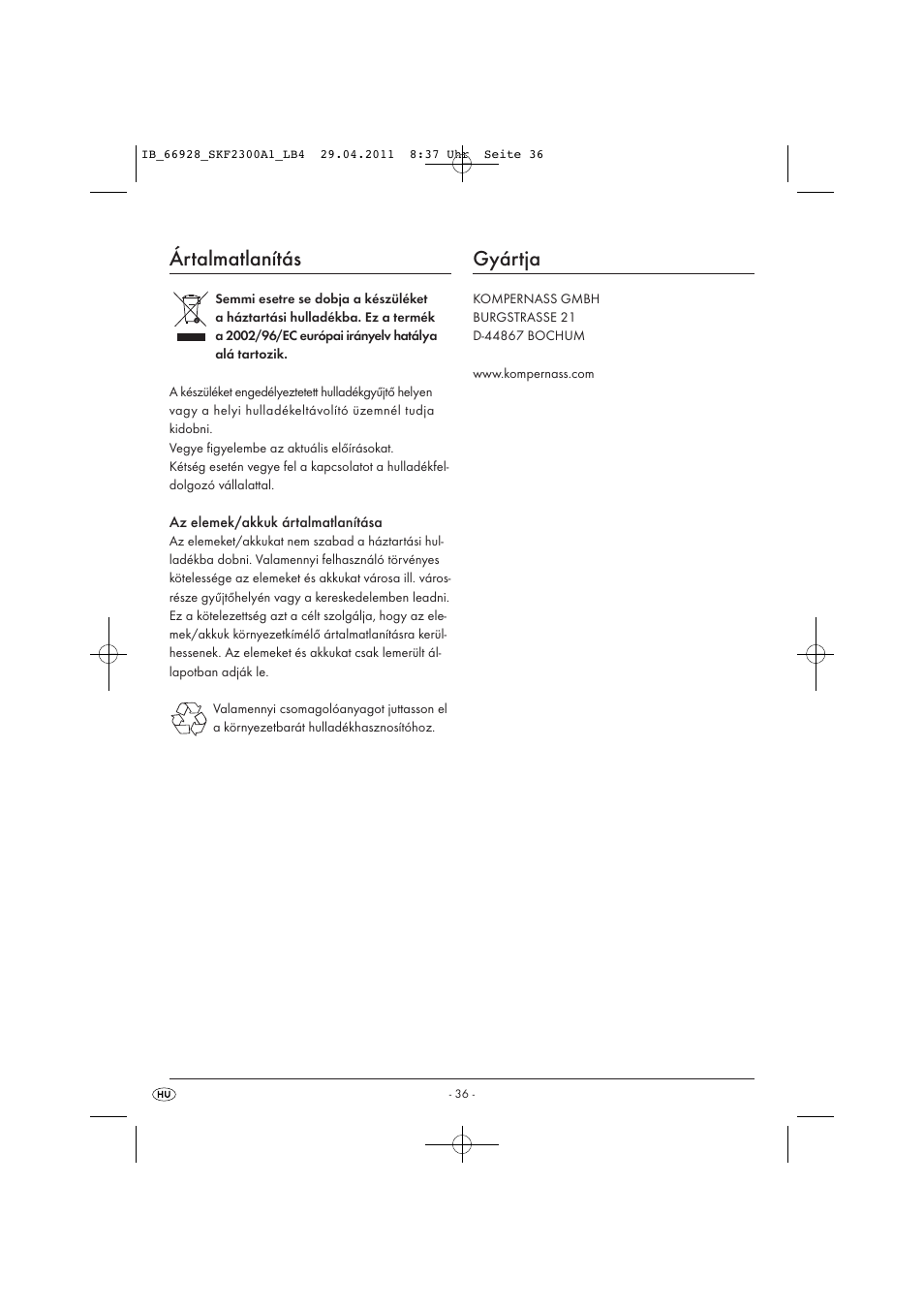 Ártalmatlanítás, Gyártja | Silvercrest SKF 2300 A1 User Manual | Page 38 / 91