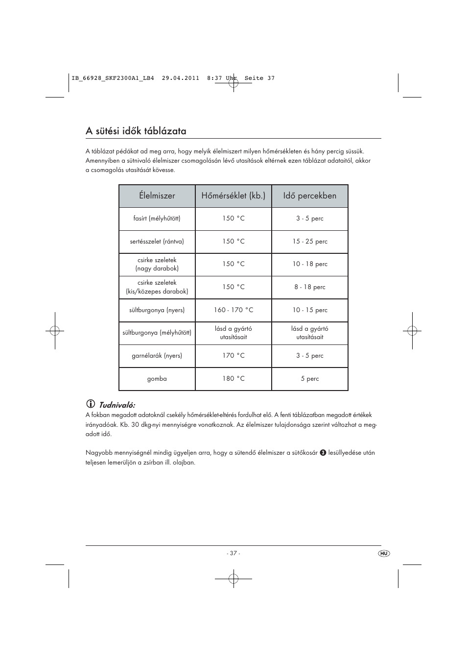 A sütési idők táblázata, Élelmiszer hőmérséklet (kb.) idő percekben, Tudnivaló | Silvercrest SKF 2300 A1 User Manual | Page 39 / 91