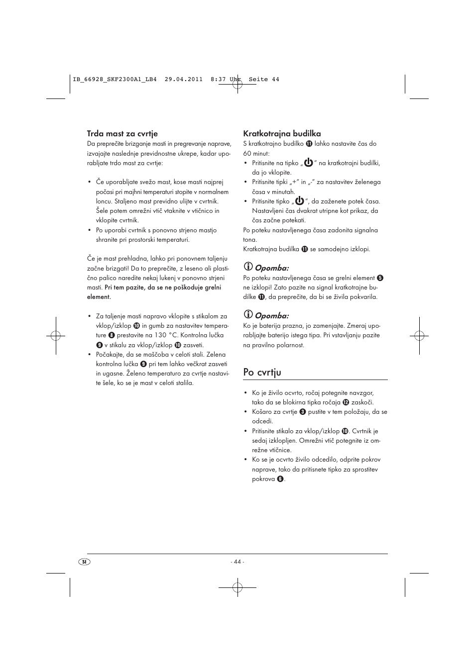 Po cvrtju, Trda mast za cvrtje, Kratkotrajna budilka | Opomba | Silvercrest SKF 2300 A1 User Manual | Page 46 / 91