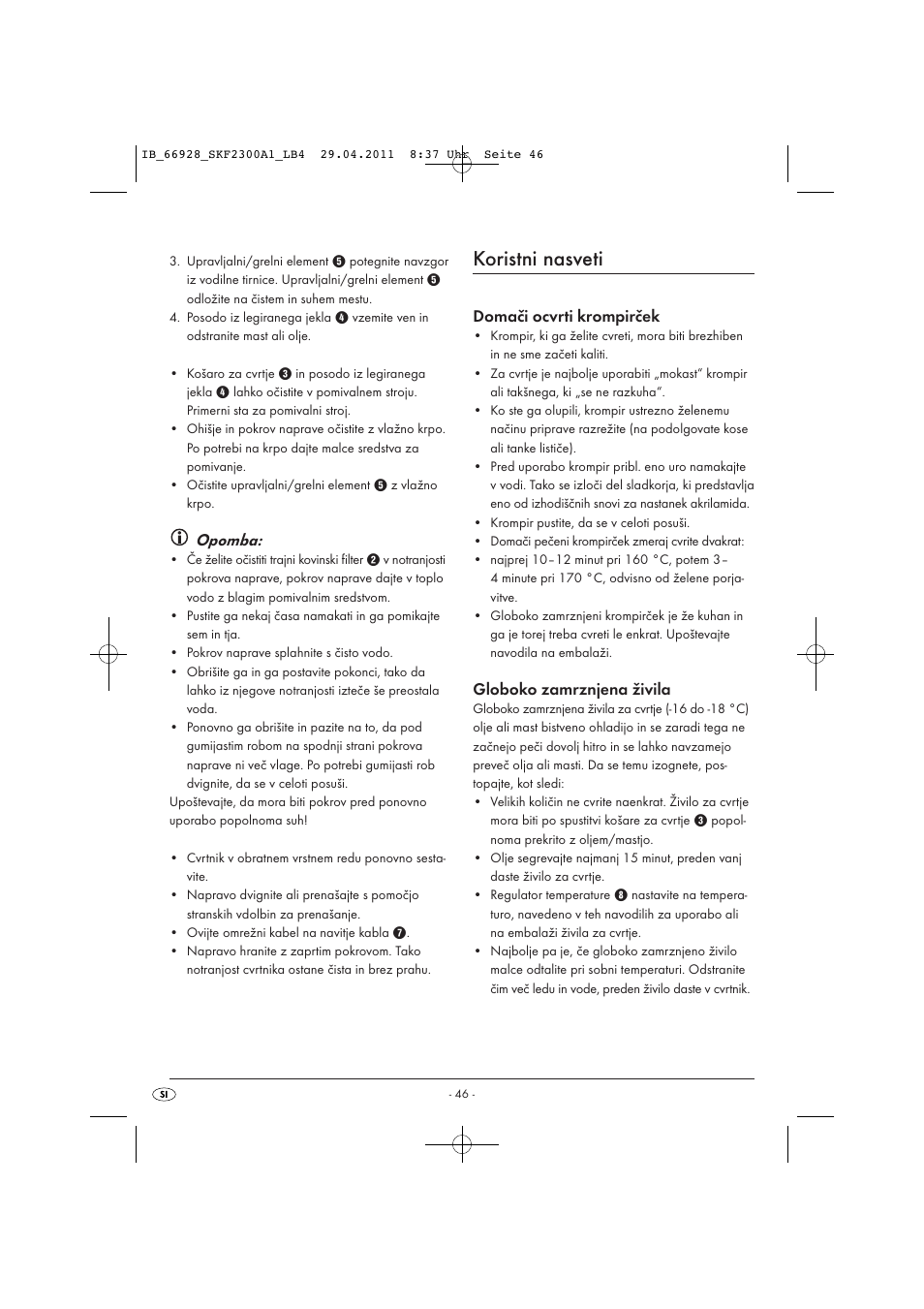 Koristni nasveti, Opomba, Domači ocvrti krompirček | Globoko zamrznjena živila | Silvercrest SKF 2300 A1 User Manual | Page 48 / 91