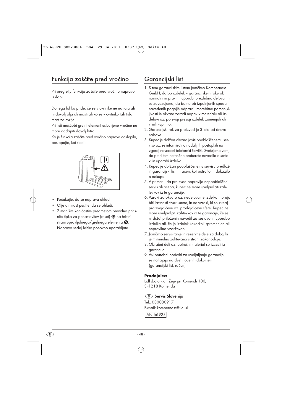 Funkcija zaščite pred vročino, Garancijski list | Silvercrest SKF 2300 A1 User Manual | Page 50 / 91