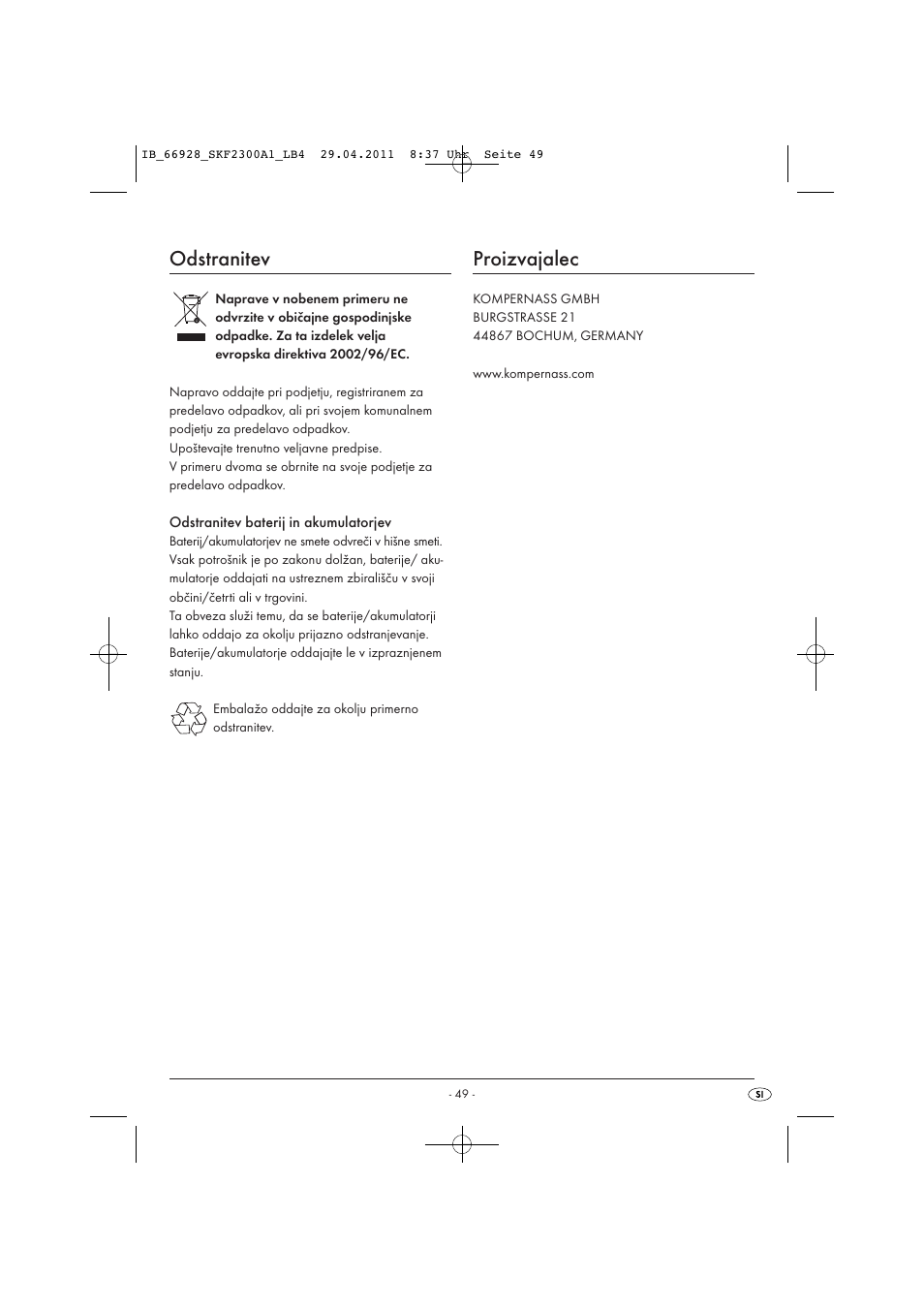 Odstranitev, Proizvajalec | Silvercrest SKF 2300 A1 User Manual | Page 51 / 91