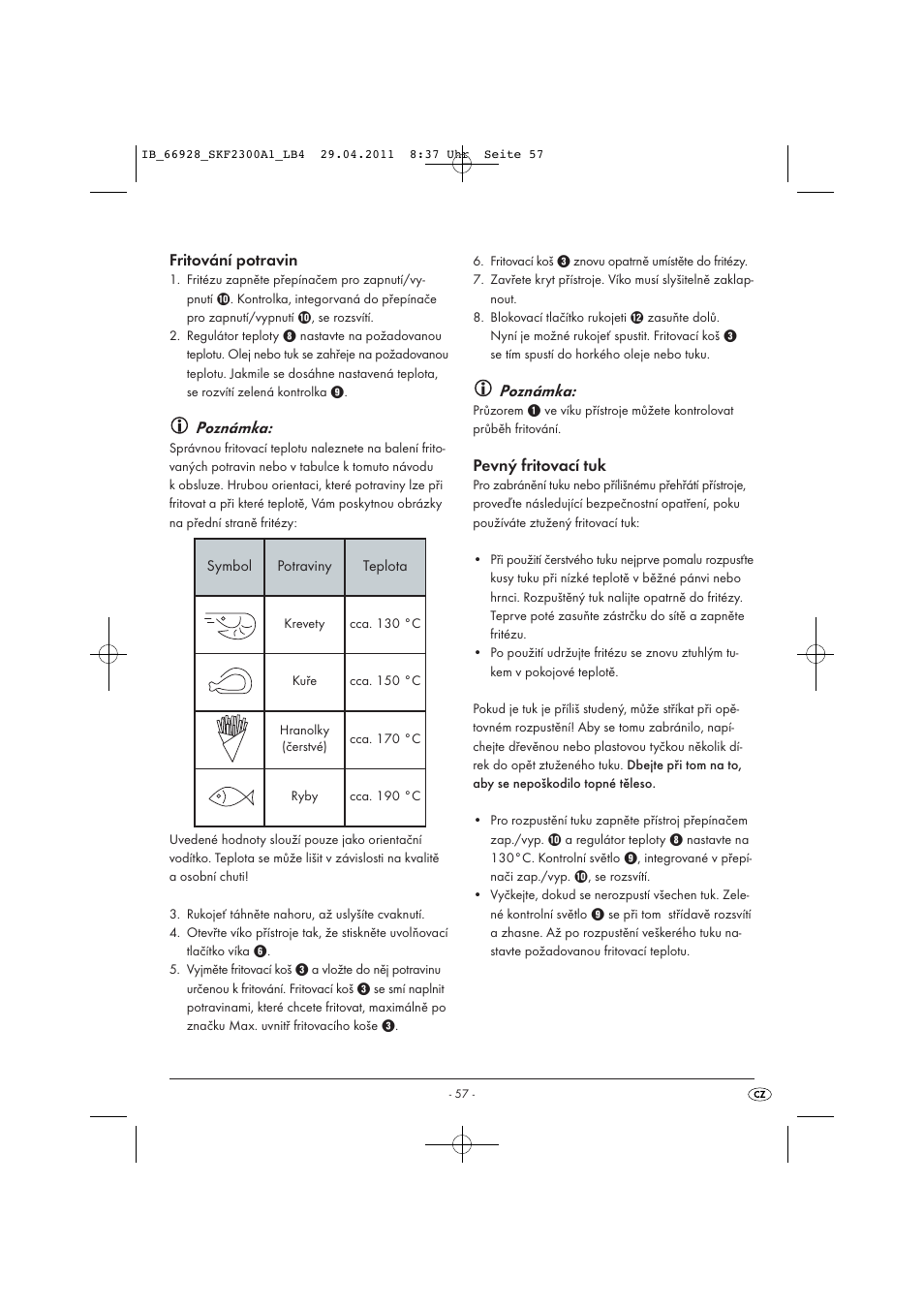 Fritování potravin, Poznámka, Pevný fritovací tuk | Silvercrest SKF 2300 A1 User Manual | Page 59 / 91