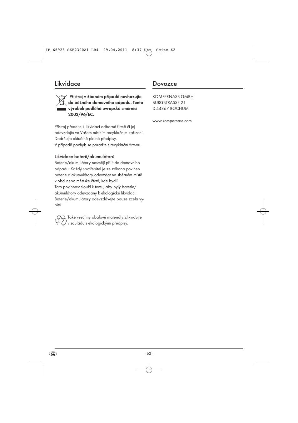 Likvidace, Dovozce | Silvercrest SKF 2300 A1 User Manual | Page 64 / 91