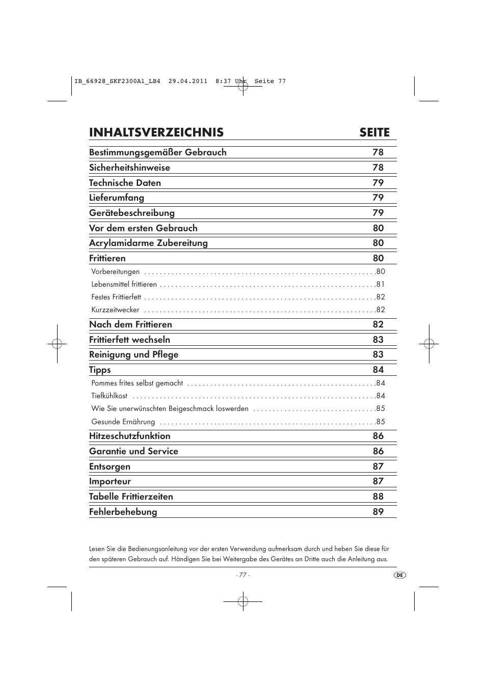 Inhaltsverzeichnis seite | Silvercrest SKF 2300 A1 User Manual | Page 79 / 91