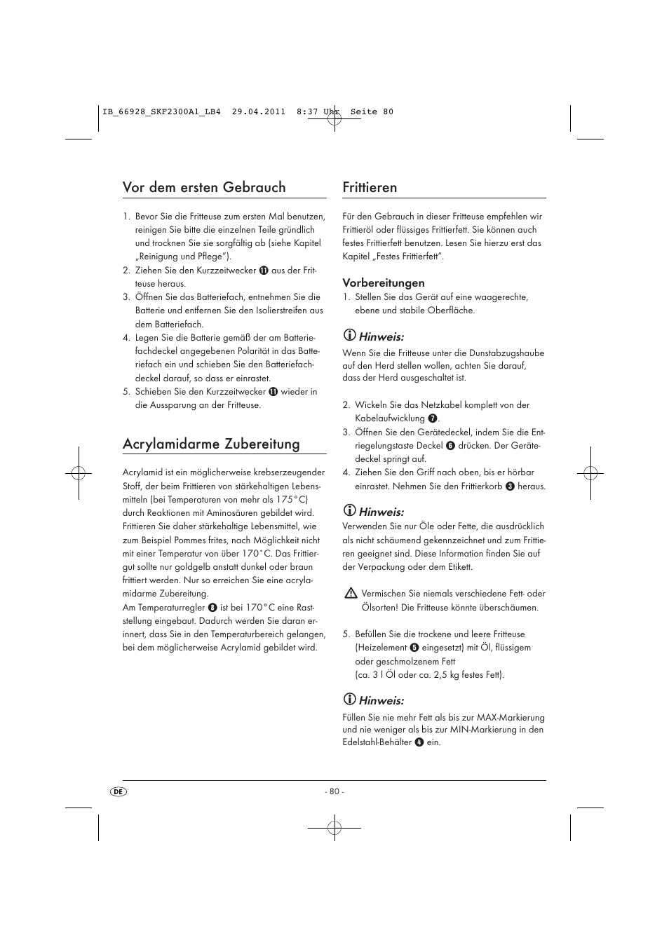 Vor dem ersten gebrauch, Acrylamidarme zubereitung, Frittieren | Vorbereitungen, Hinweis | Silvercrest SKF 2300 A1 User Manual | Page 82 / 91