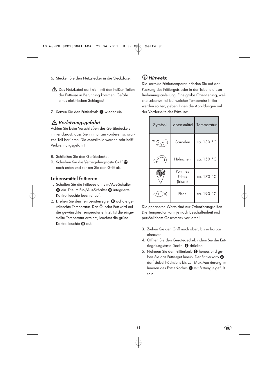 Verletzungsgefahr, Lebensmittel frittieren, Hinweis | Silvercrest SKF 2300 A1 User Manual | Page 83 / 91