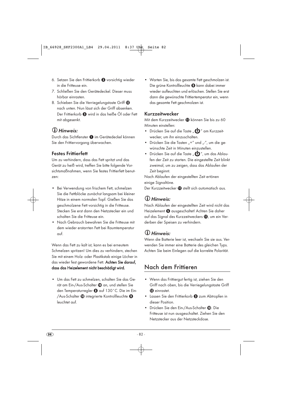 Nach dem frittieren, Hinweis, Festes frittierfett | Kurzzeitwecker | Silvercrest SKF 2300 A1 User Manual | Page 84 / 91