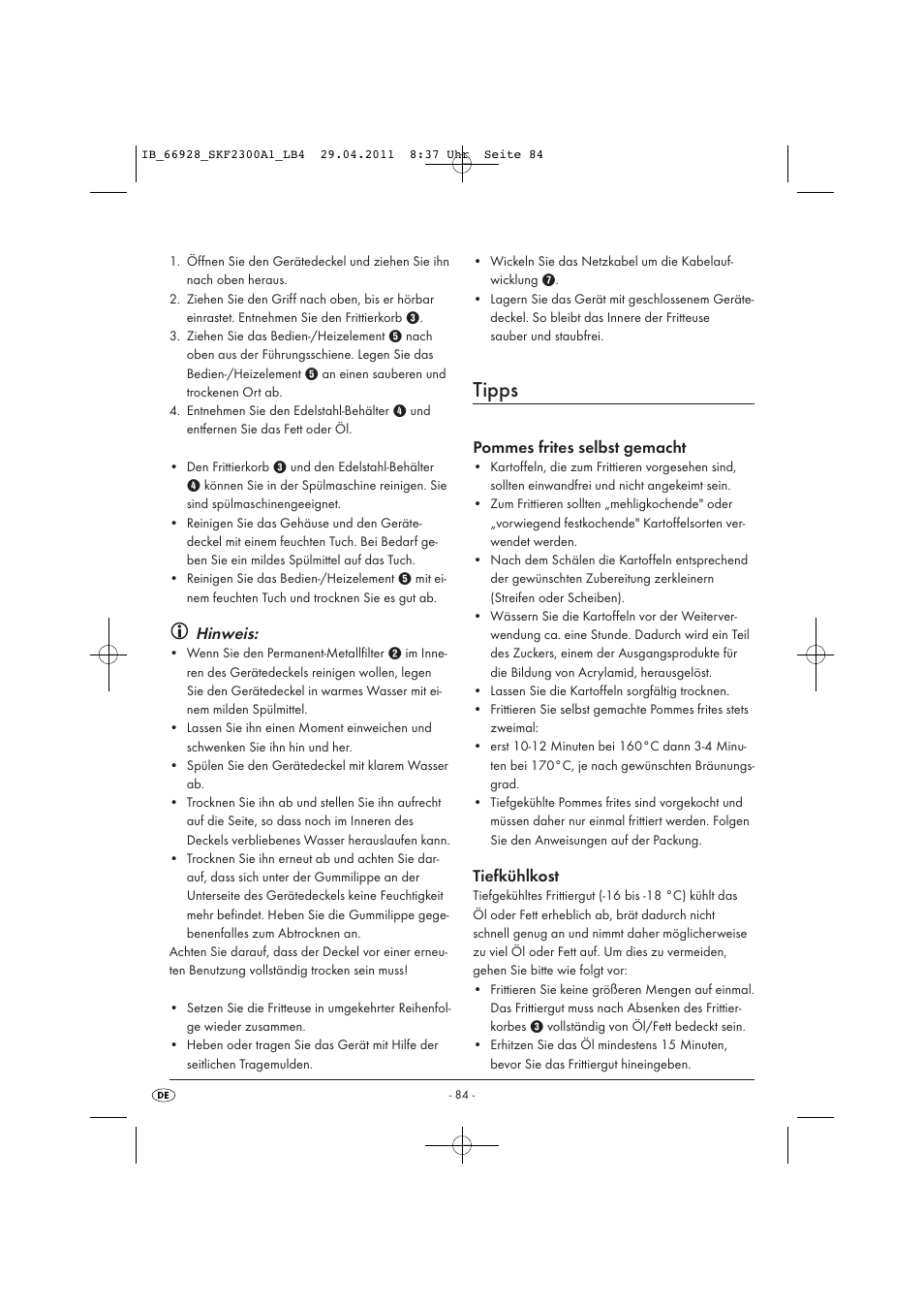Tipps, Hinweis, Pommes frites selbst gemacht | Tiefkühlkost | Silvercrest SKF 2300 A1 User Manual | Page 86 / 91
