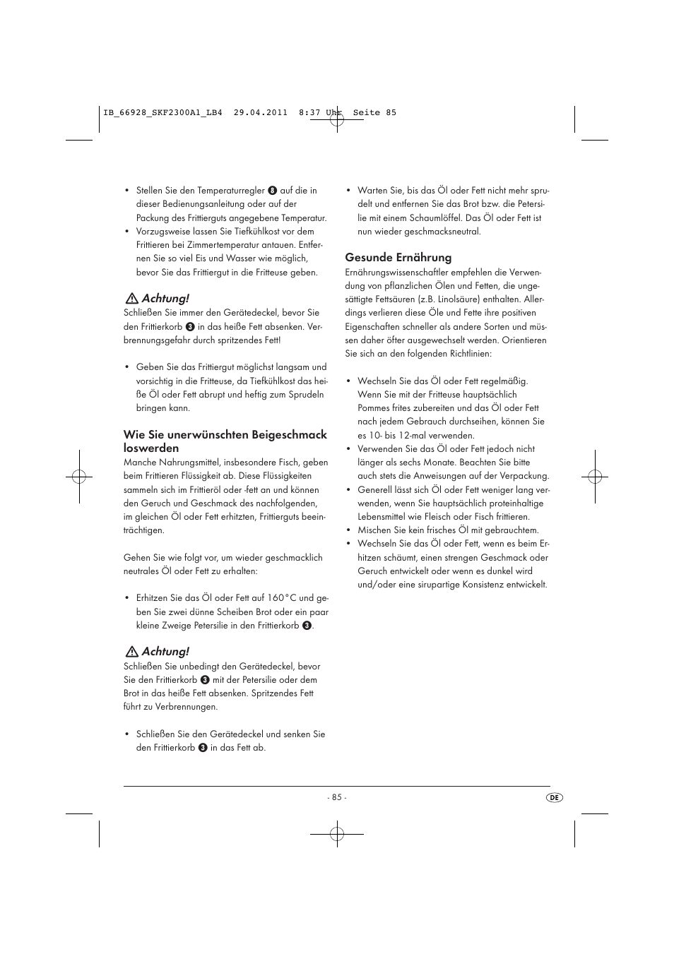 Achtung, Wie sie unerwünschten beigeschmack loswerden, Gesunde ernährung | Silvercrest SKF 2300 A1 User Manual | Page 87 / 91