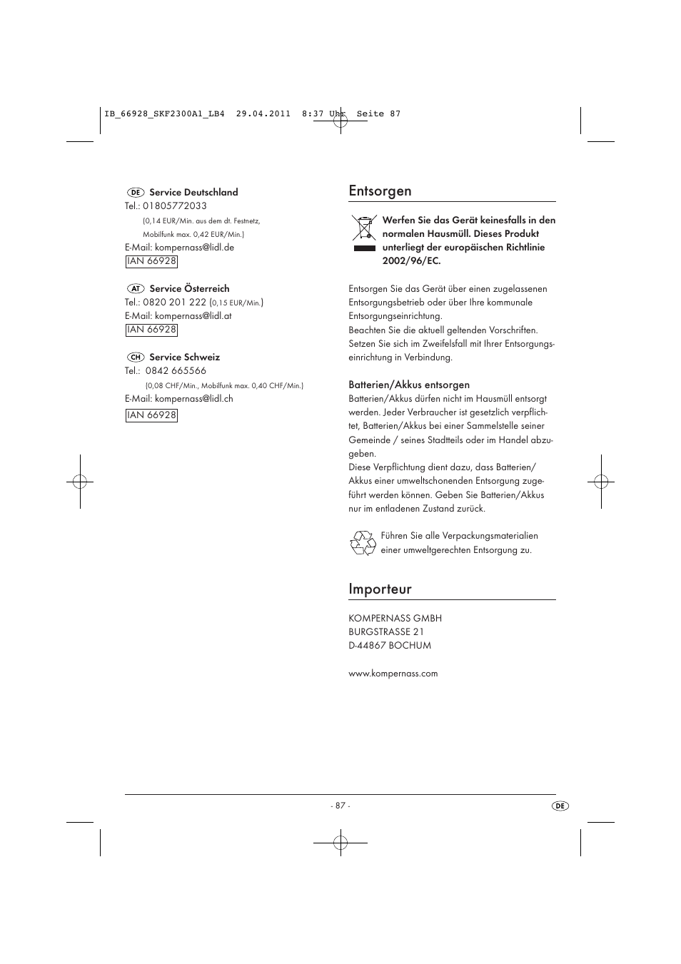 Entsorgen, Importeur | Silvercrest SKF 2300 A1 User Manual | Page 89 / 91