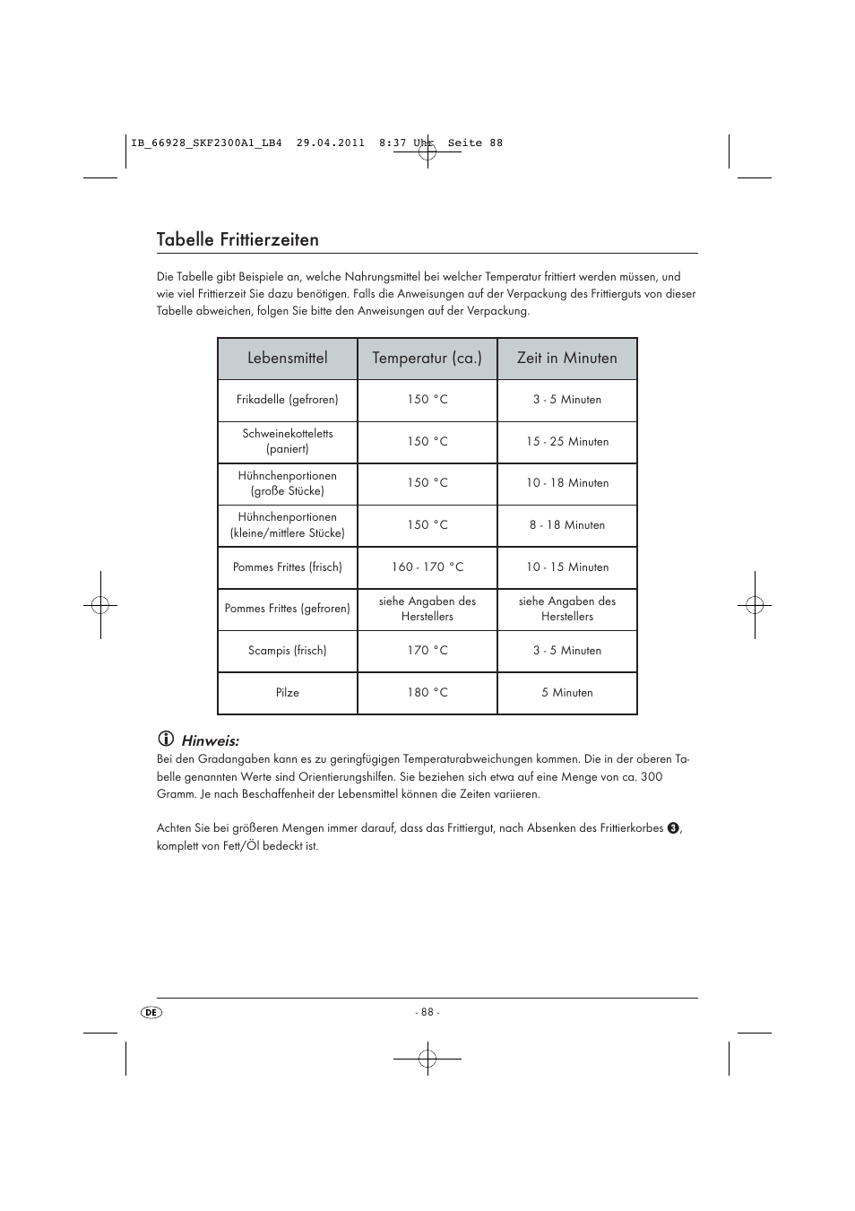 Tabelle frittierzeiten, Lebensmittel temperatur (ca.) zeit in minuten, Hinweis | Silvercrest SKF 2300 A1 User Manual | Page 90 / 91