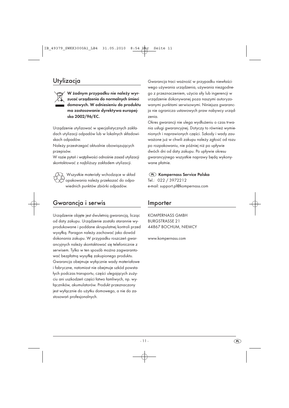 Utylizacja, Gwarancja i serwis, Importer | Silvercrest SWKK 3000 A1 User Manual | Page 13 / 49