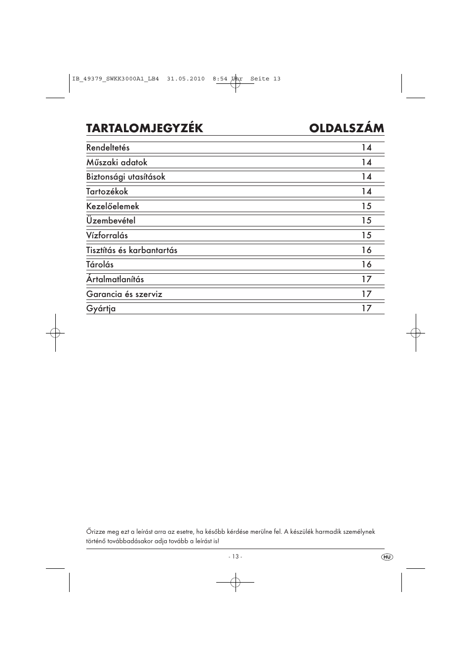 Tartalomjegyzék oldalszám | Silvercrest SWKK 3000 A1 User Manual | Page 15 / 49